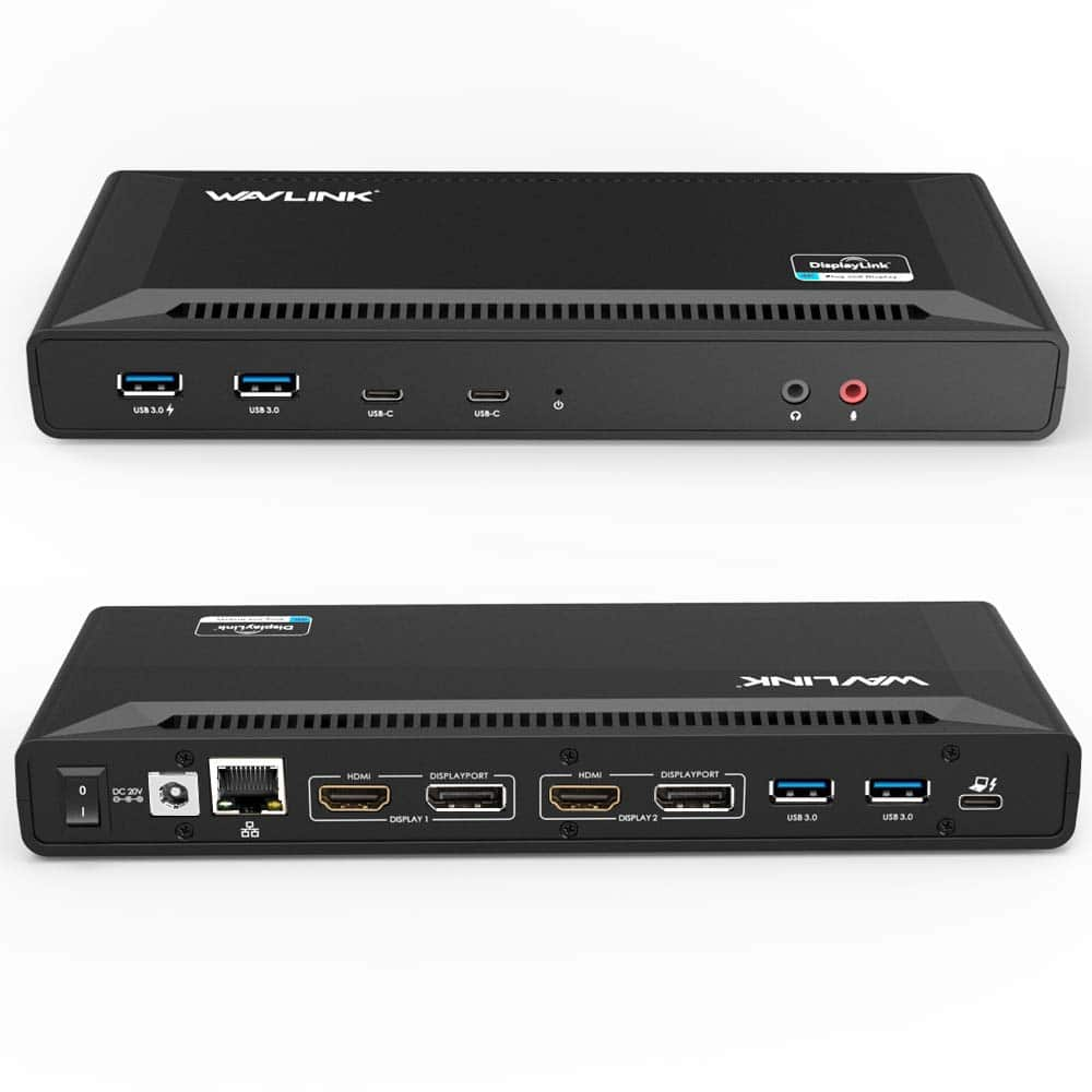 Zwarte docking station met poorten aan voor- en achterkant.