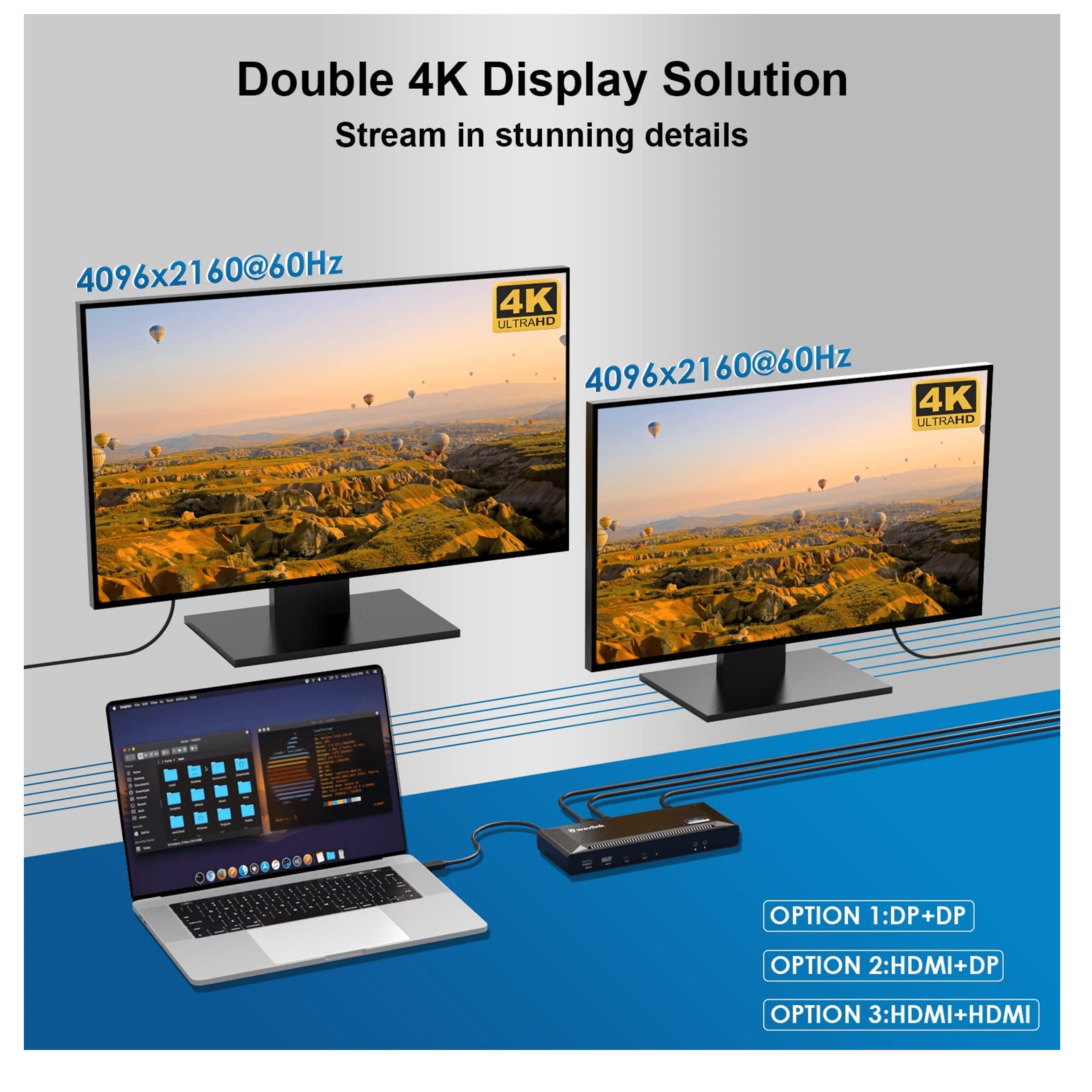 Een laptop is aangesloten op een dockingstation dat twee 4K-monitoren aanstuurt.