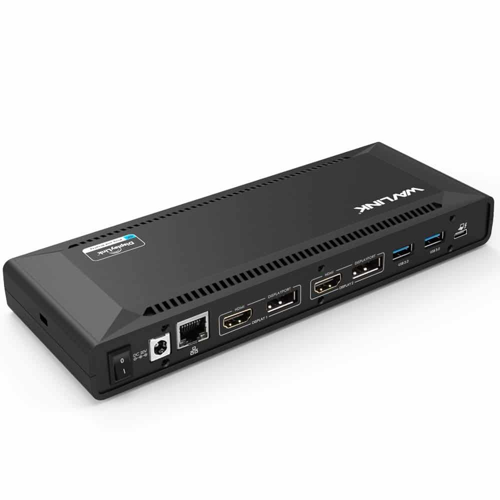 Zwarte dockinghub met poorten: 2x DisplayPort, 2x HDMI, 4x USB 3.0, Ethernet, stroom.