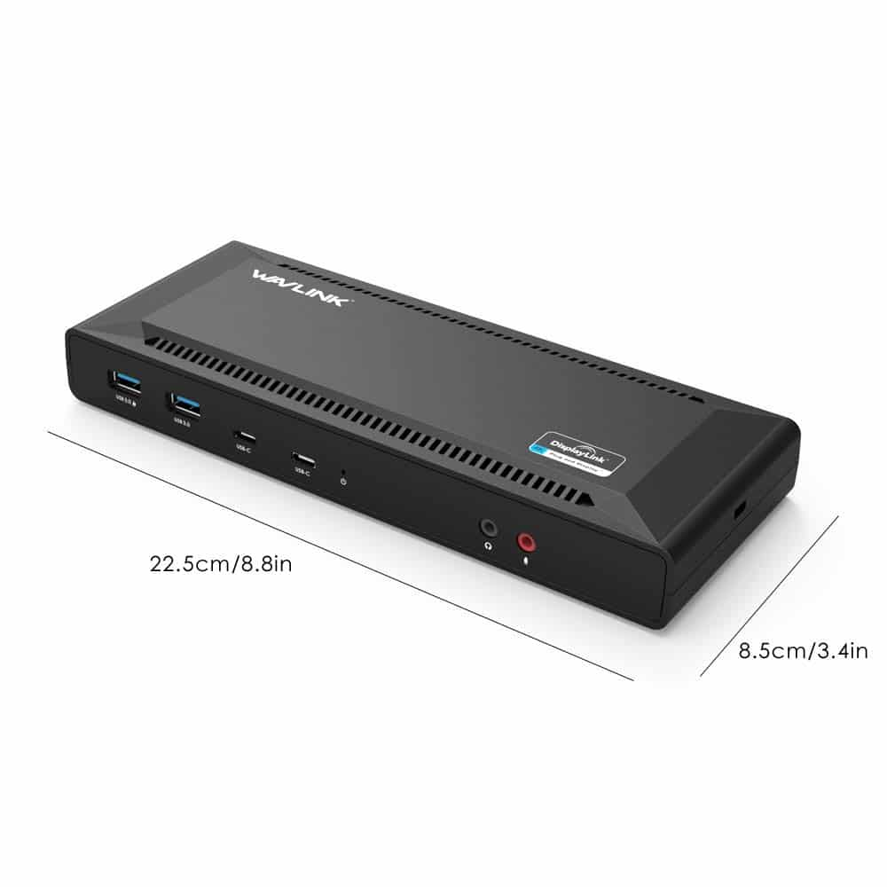 Zwarte WAVLINK docking station met poorten en afmetingen.