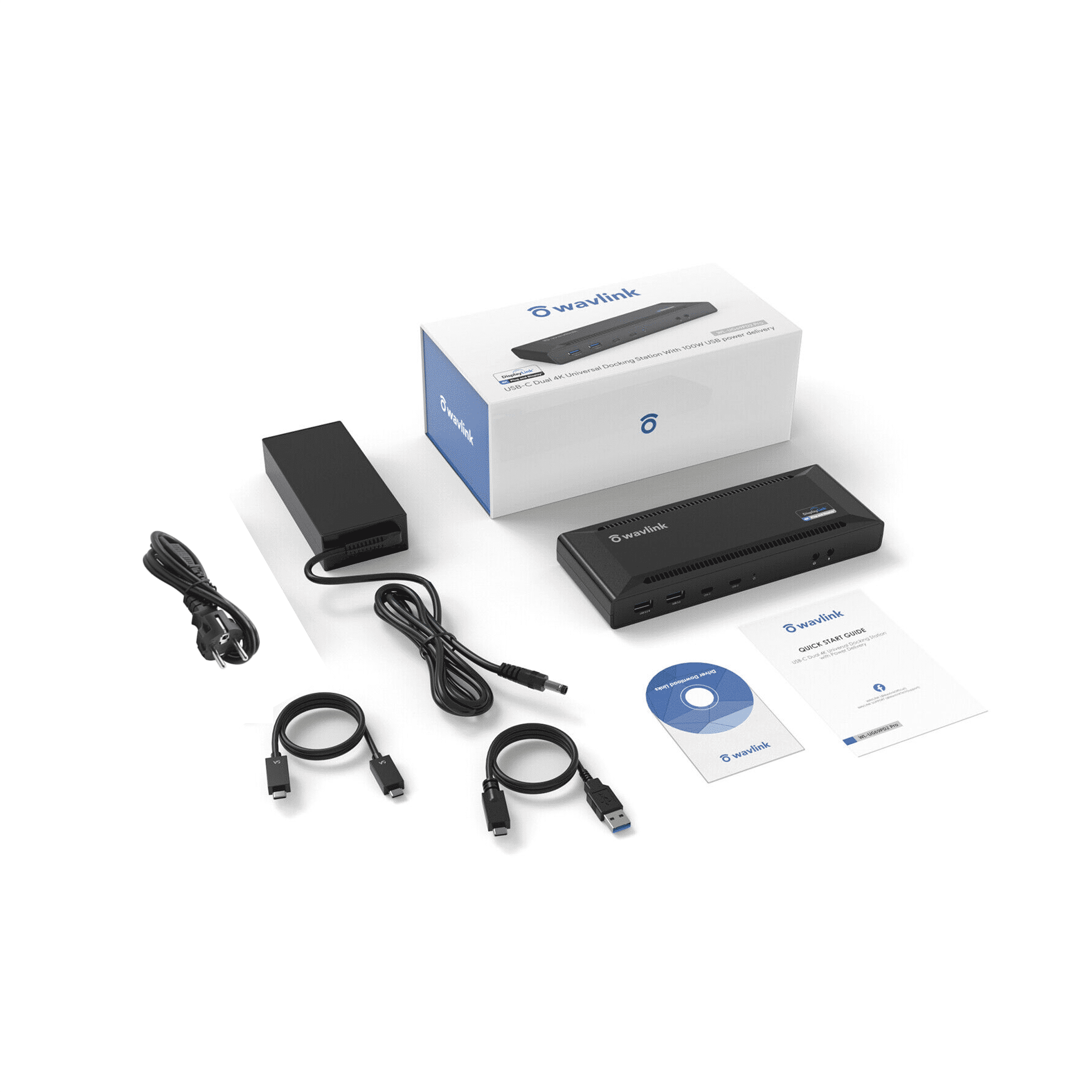 Wavlink docking station met accessoires: adapter, kabels, CD en handleiding.