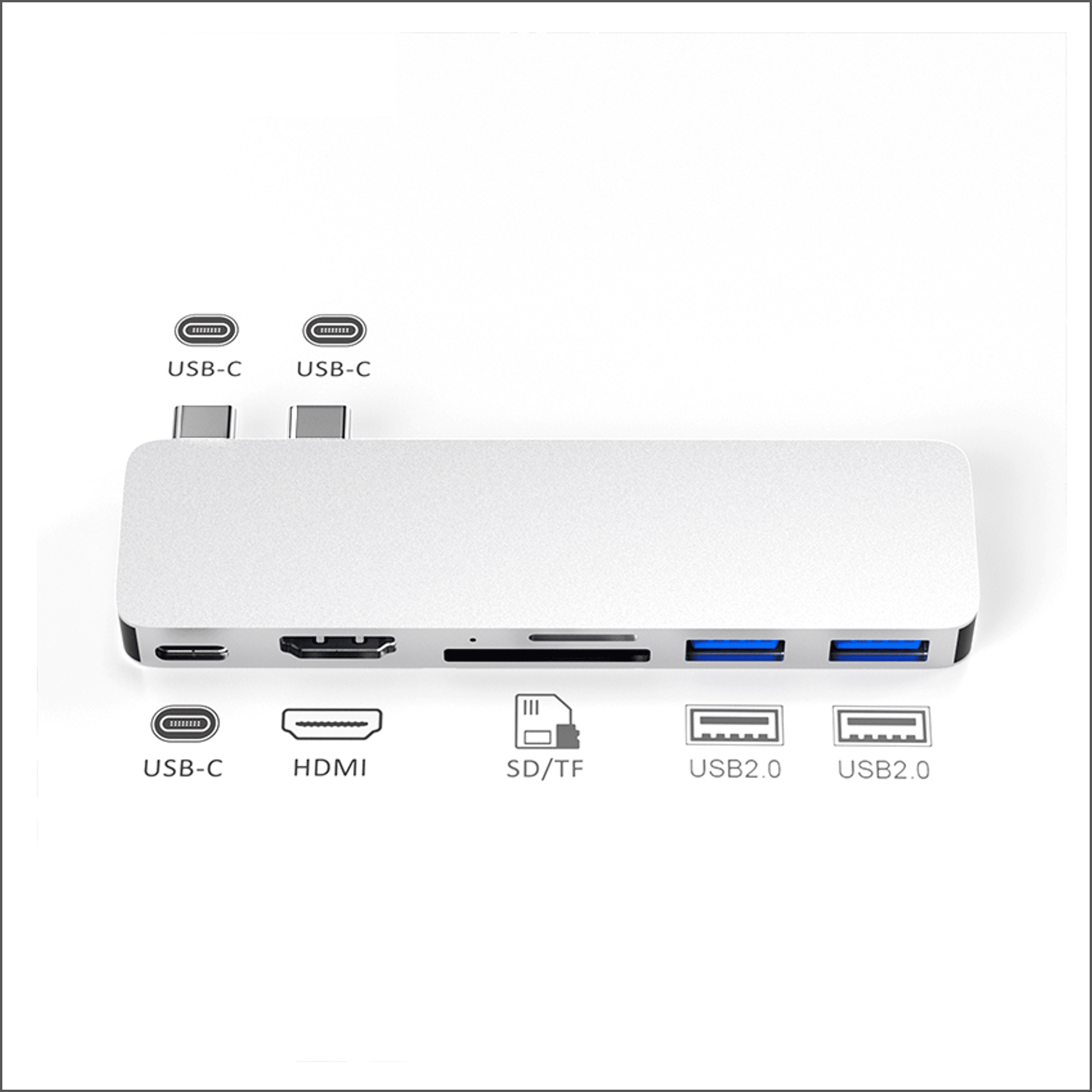 A silver USB-C hub with HDMI, SD/TF, and USB ports.