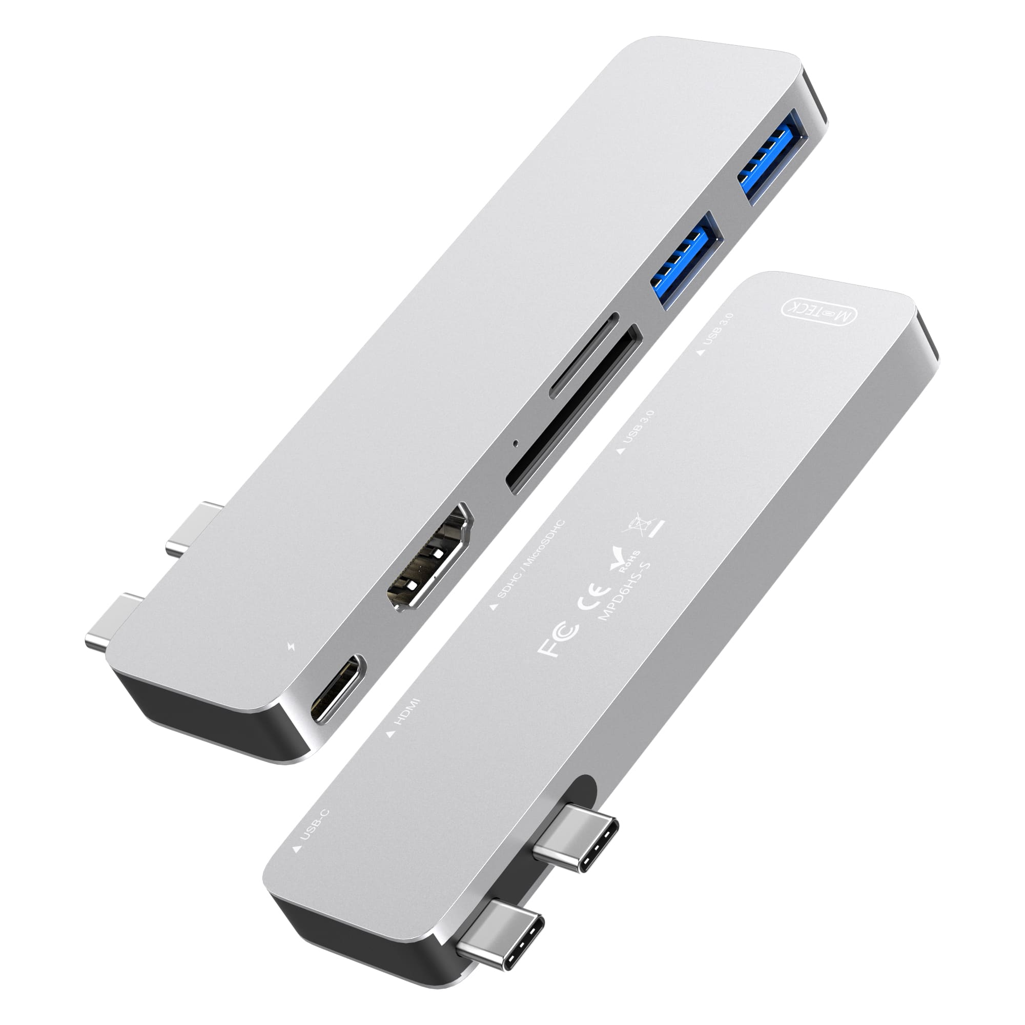 Two silver USB-C hubs with multiple ports: USB 3.0, HDMI, SD/MicroSD card slots.