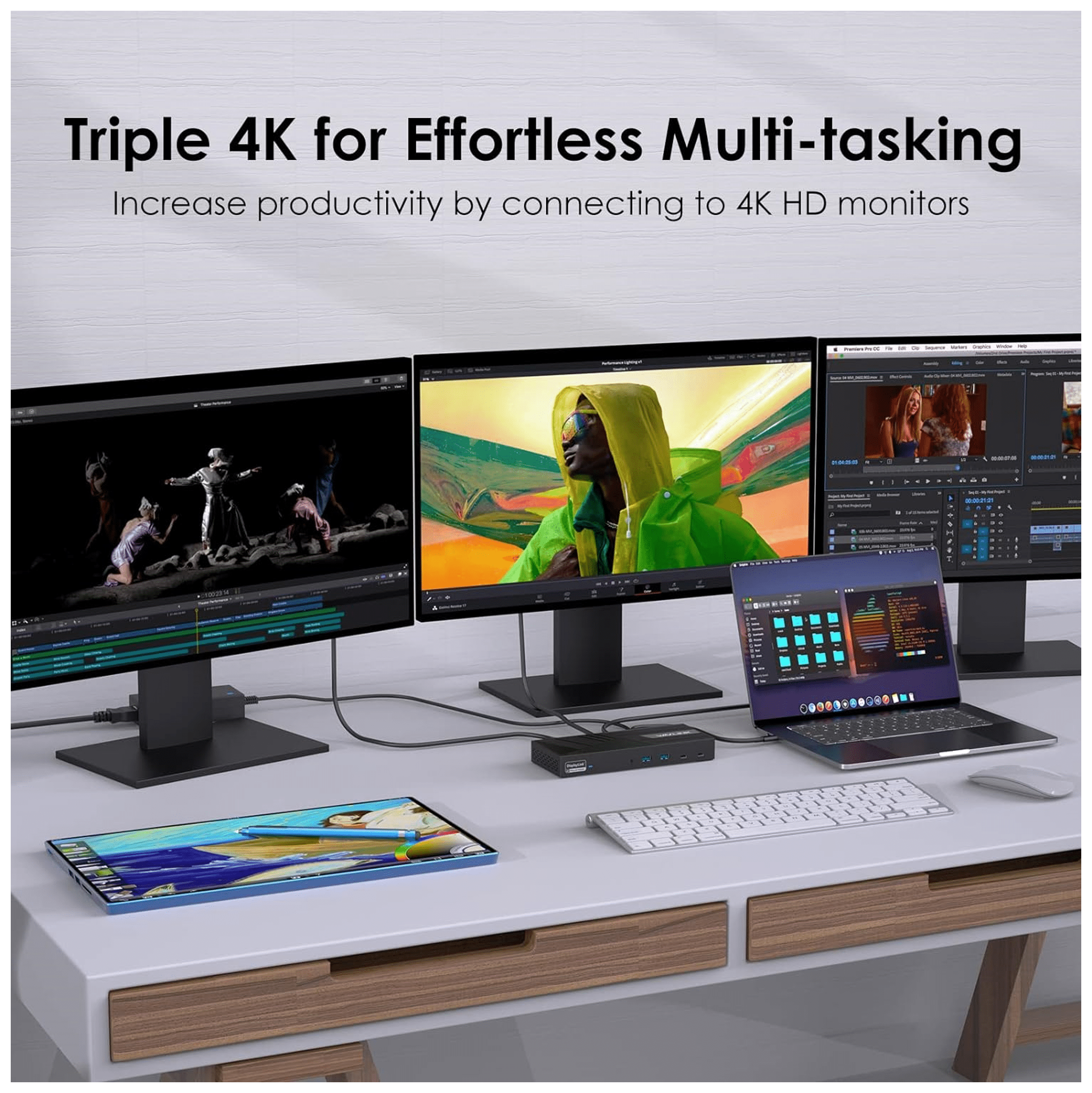 Three 4K monitors with a laptop, docking station, and keyboard on a desk.