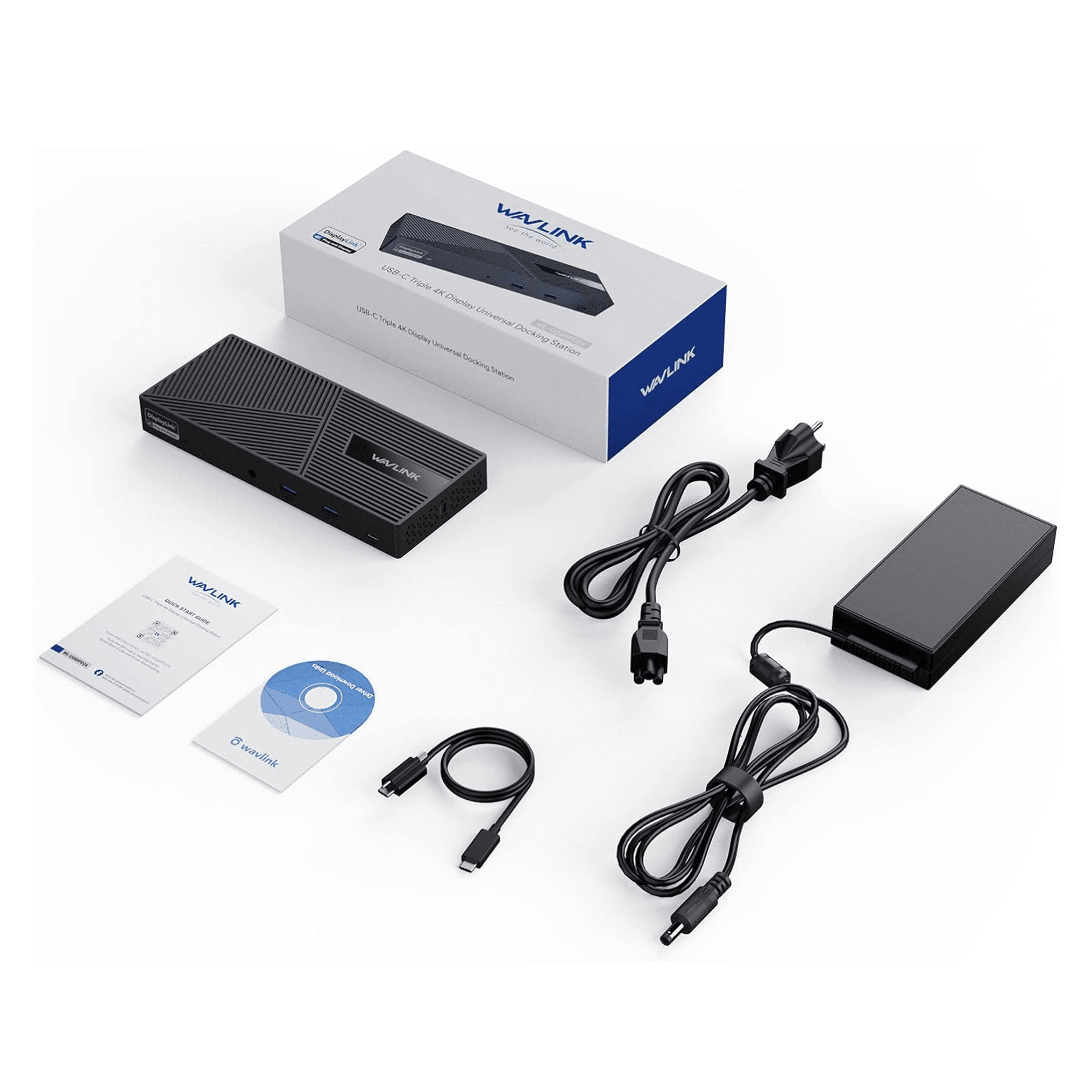 Wavlink docking station with accessories: dock, power adapter, cables, manual, CD.