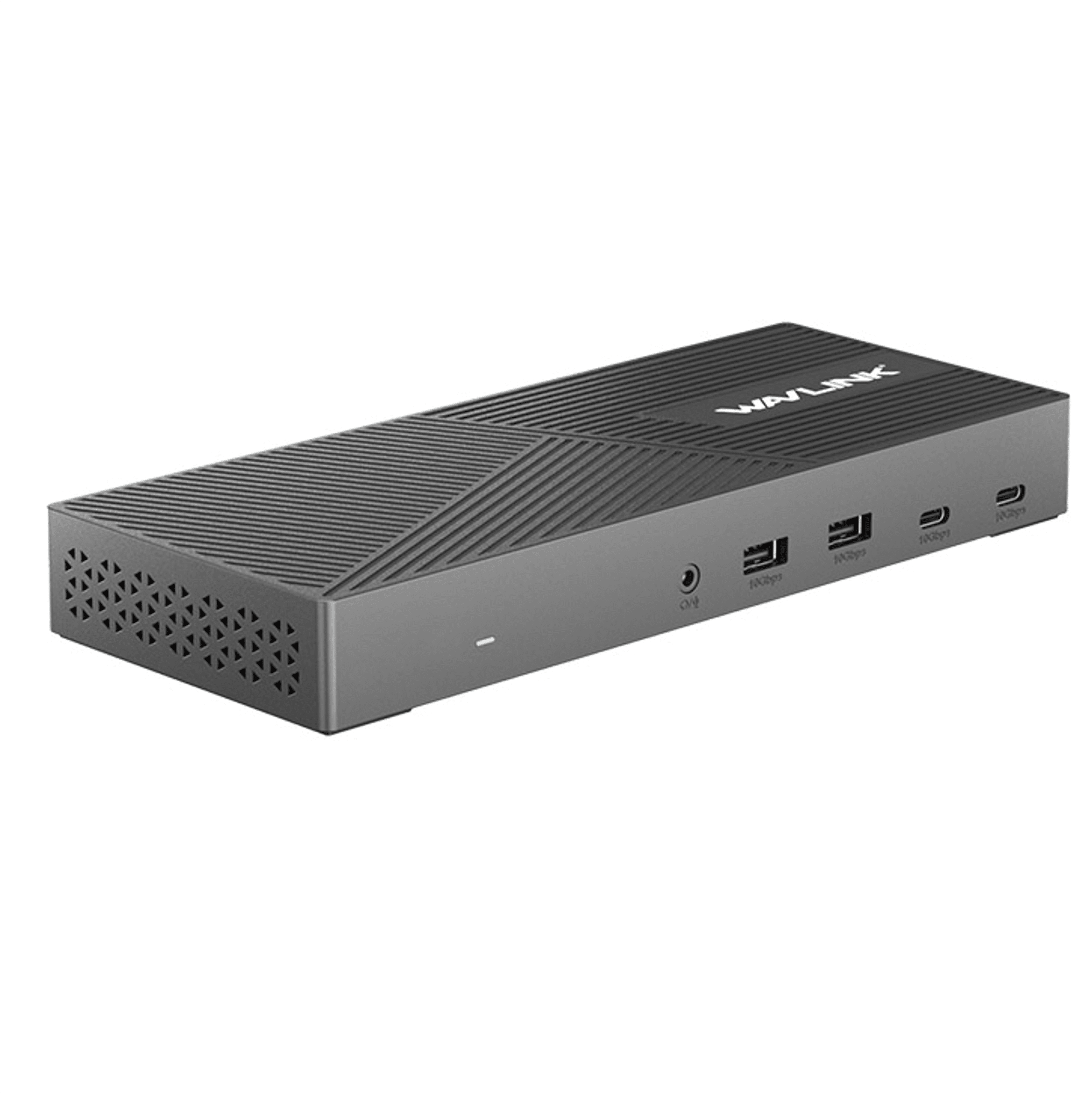 Gray docking station with ports and ventilation grille.