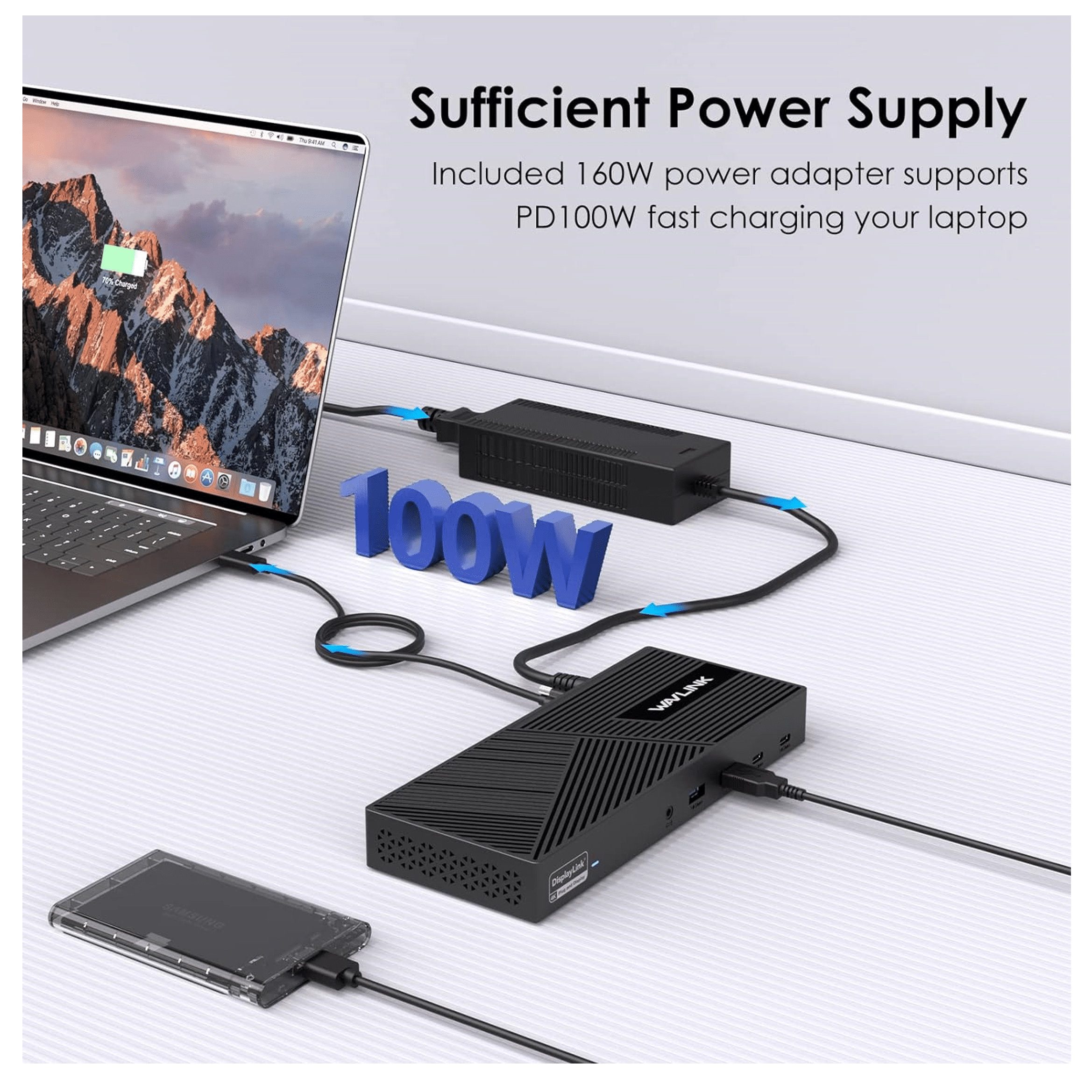 Laptop charging with 160W adapter and dock. 3D 100W text.