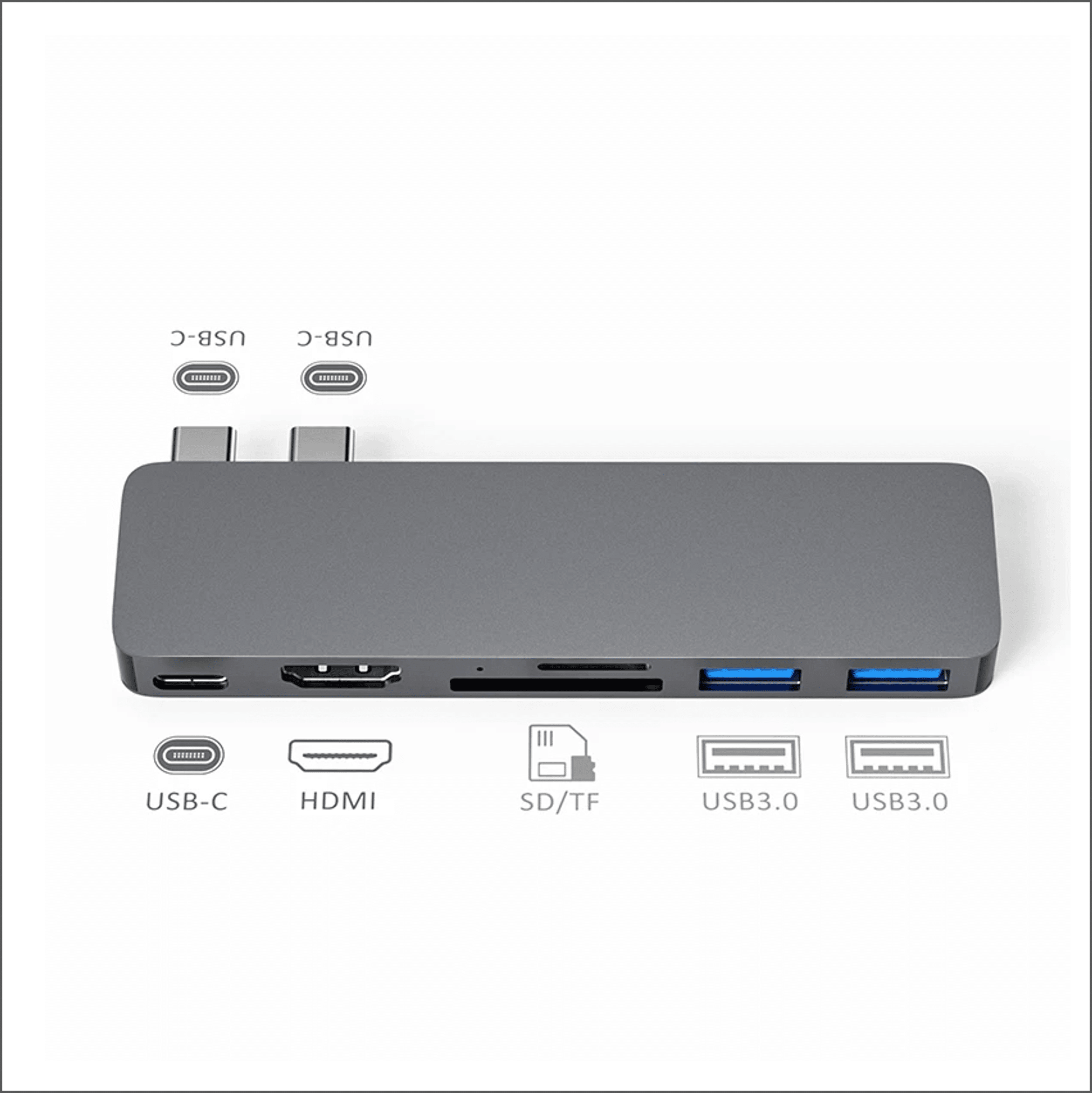 Gray USB-C hub with two USB-C, one HDMI, SD/TF, and two USB3.0 ports.