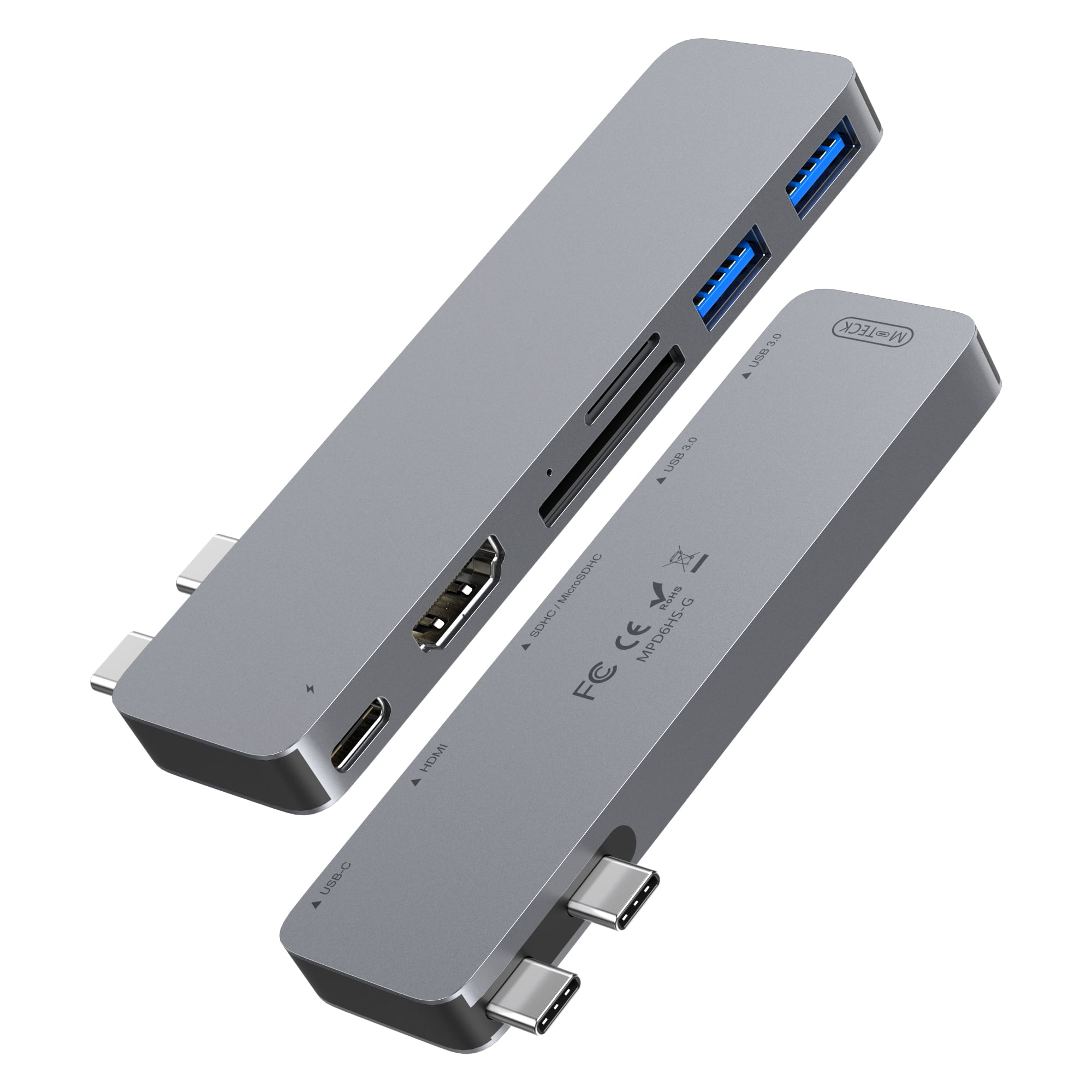 Gray USB-C hub with HDMI, SD/MicroSD card reader, and USB 3.0 ports.