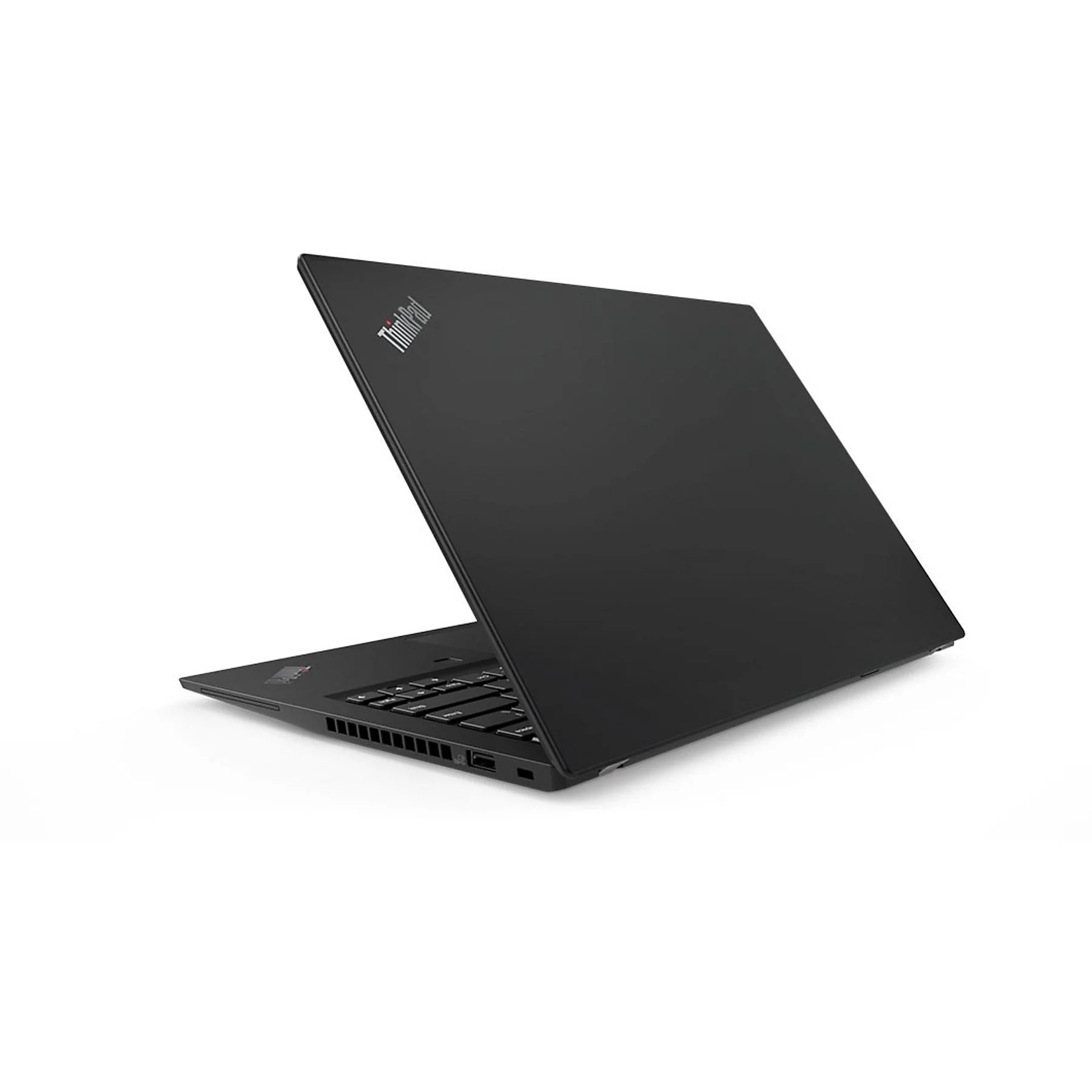 Schwarzer Laptop mit geöffnetem Bildschirm und Tastatur auf weißem Hintergrund.