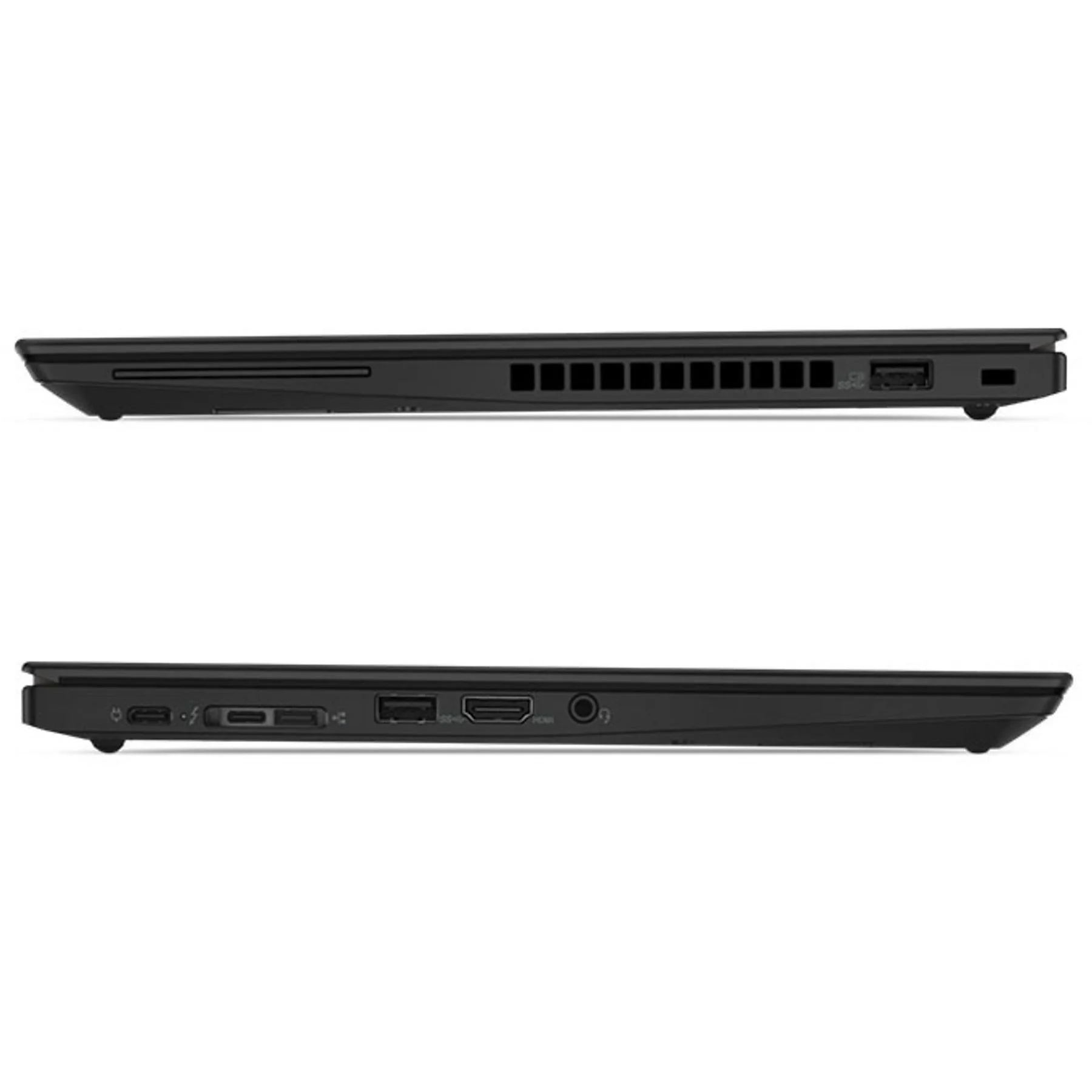 Oben: Laptop-Seite mit Lüftungsschlitzen und USB-Anschluss. Unten: Laptop-Seite mit Anschlüssen.