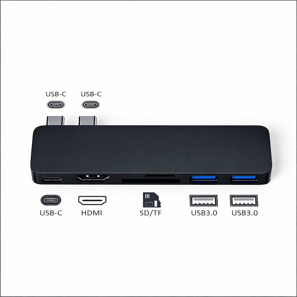 A black USB-C hub with two USB-C ports, HDMI, SD/TF, and two USB 3.0 ports.