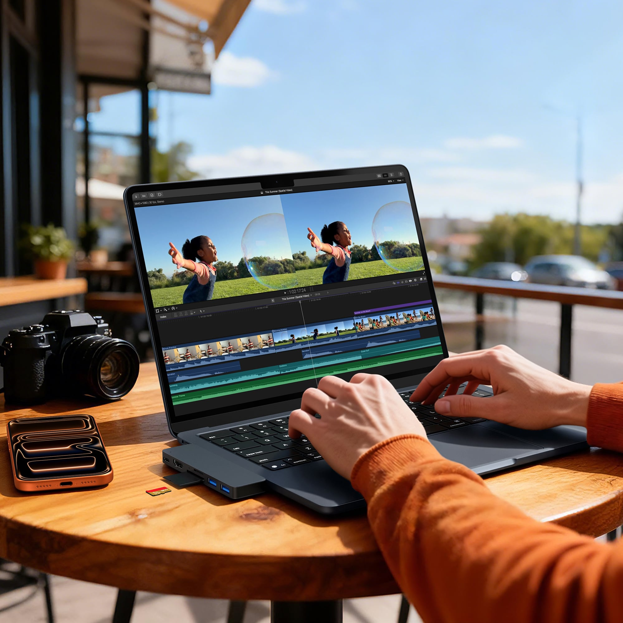 Person editing video on laptop outdoors, camera and phone nearby.