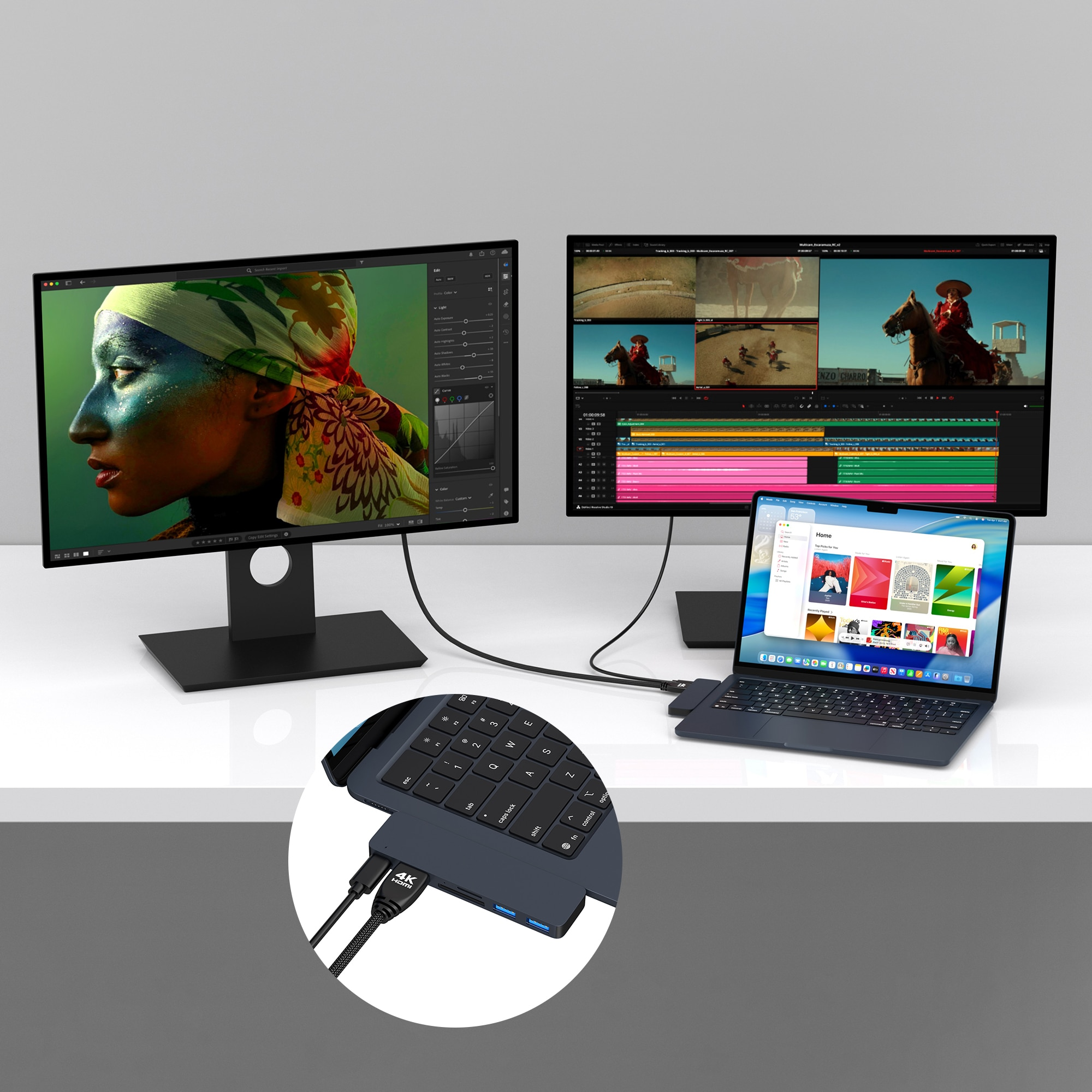 Two monitors and a laptop display editing software. Close-up on hub connected to laptop.