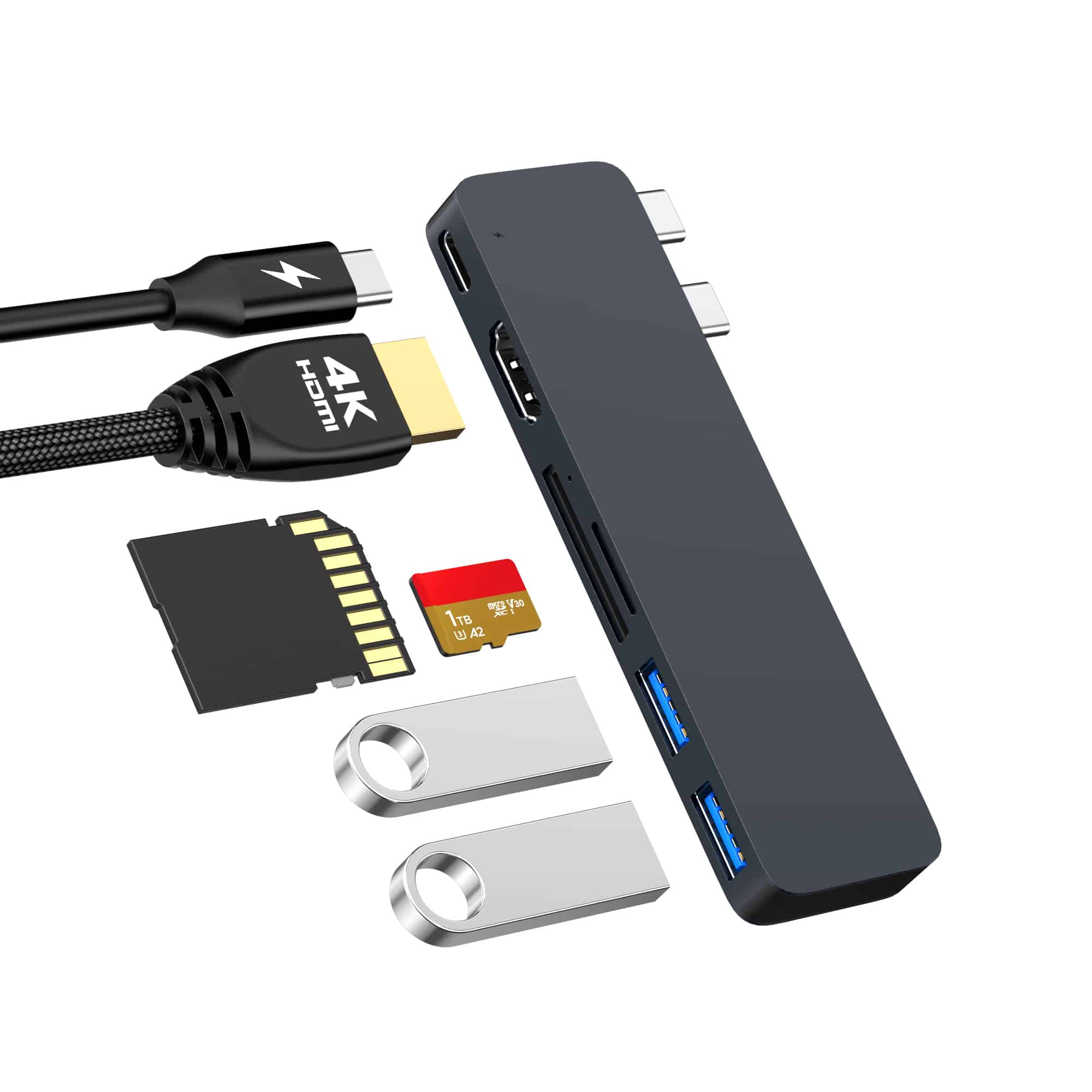 Dark gray USB hub with HDMI, USB-A ports, SD card, and two USB drives.