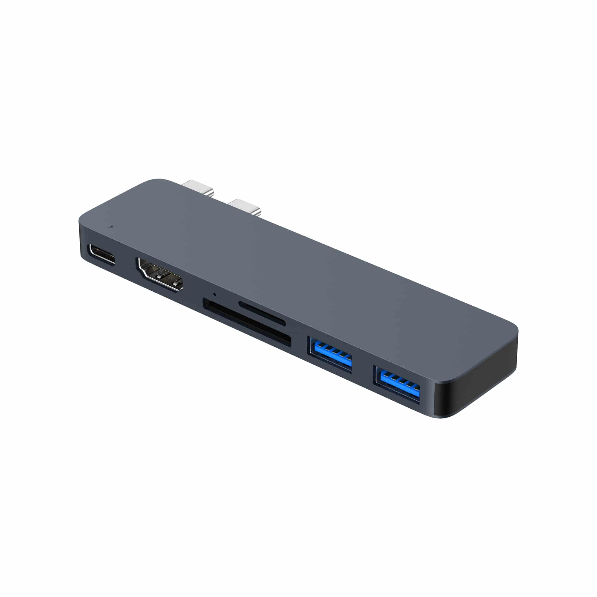 A dark gray USB-C hub with HDMI, SD card slots, and USB-A ports.