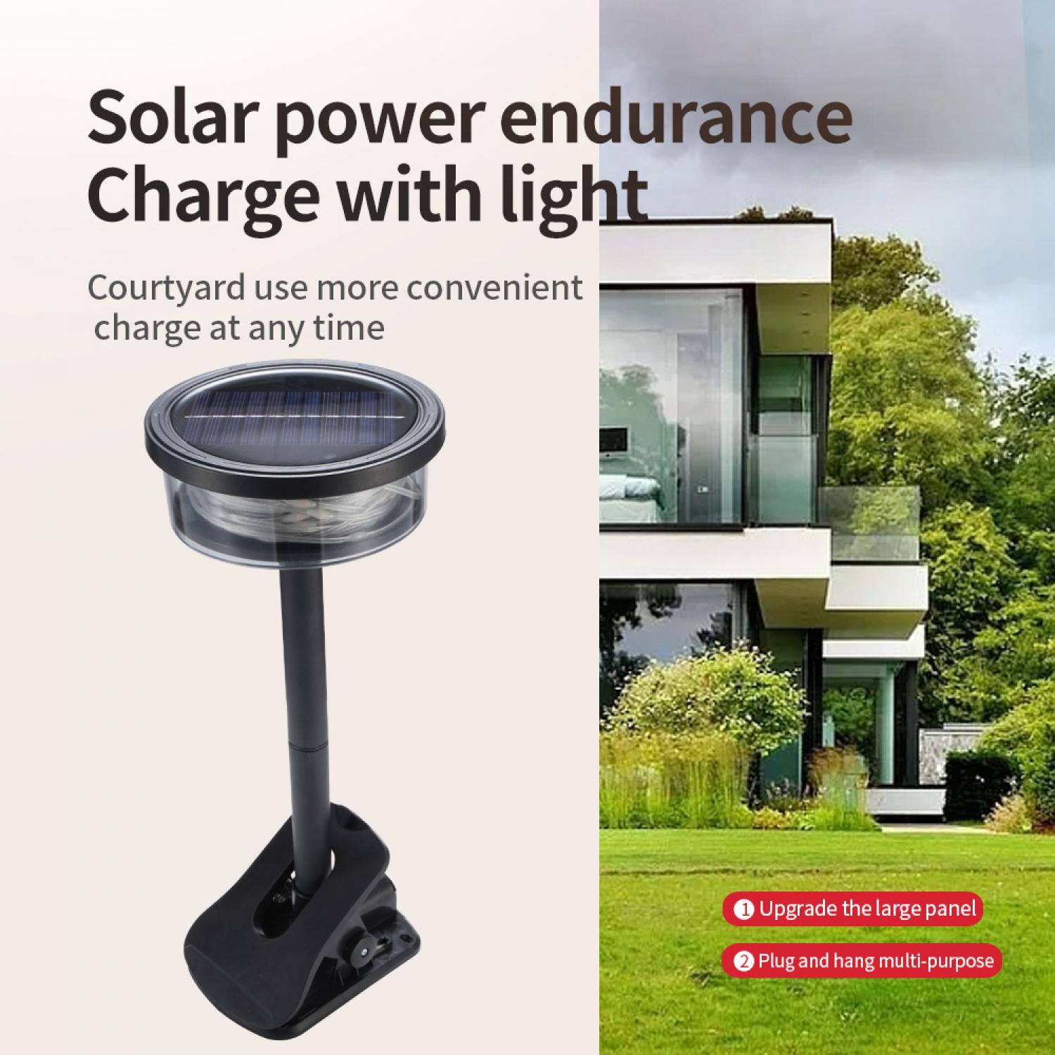 Solarleuchte mit Clip-Halterung vor modernem Haus mit Garten. Die Leuchte hat ein Solarpanel.