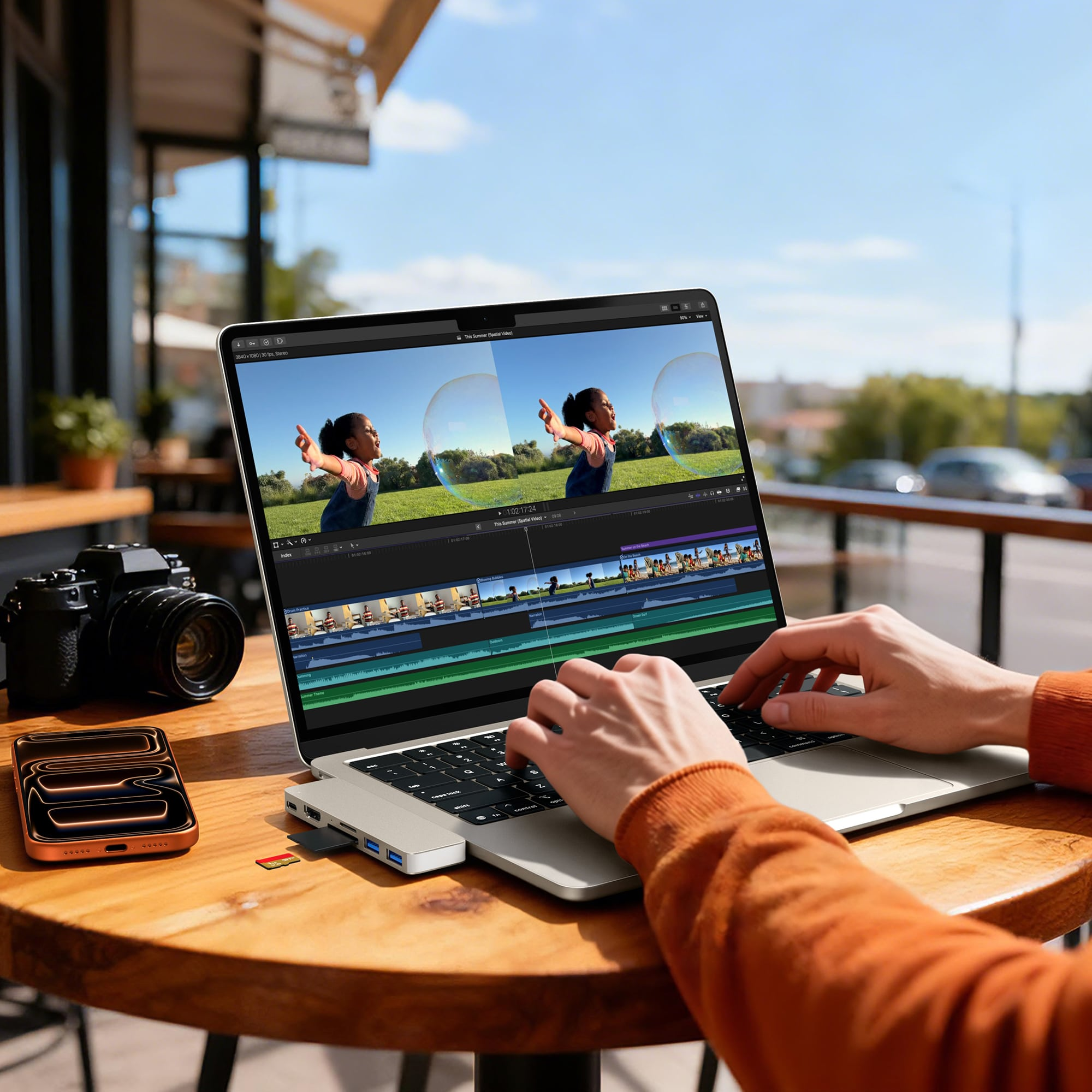 Person editing video on laptop outdoors. Camera and phone are nearby.