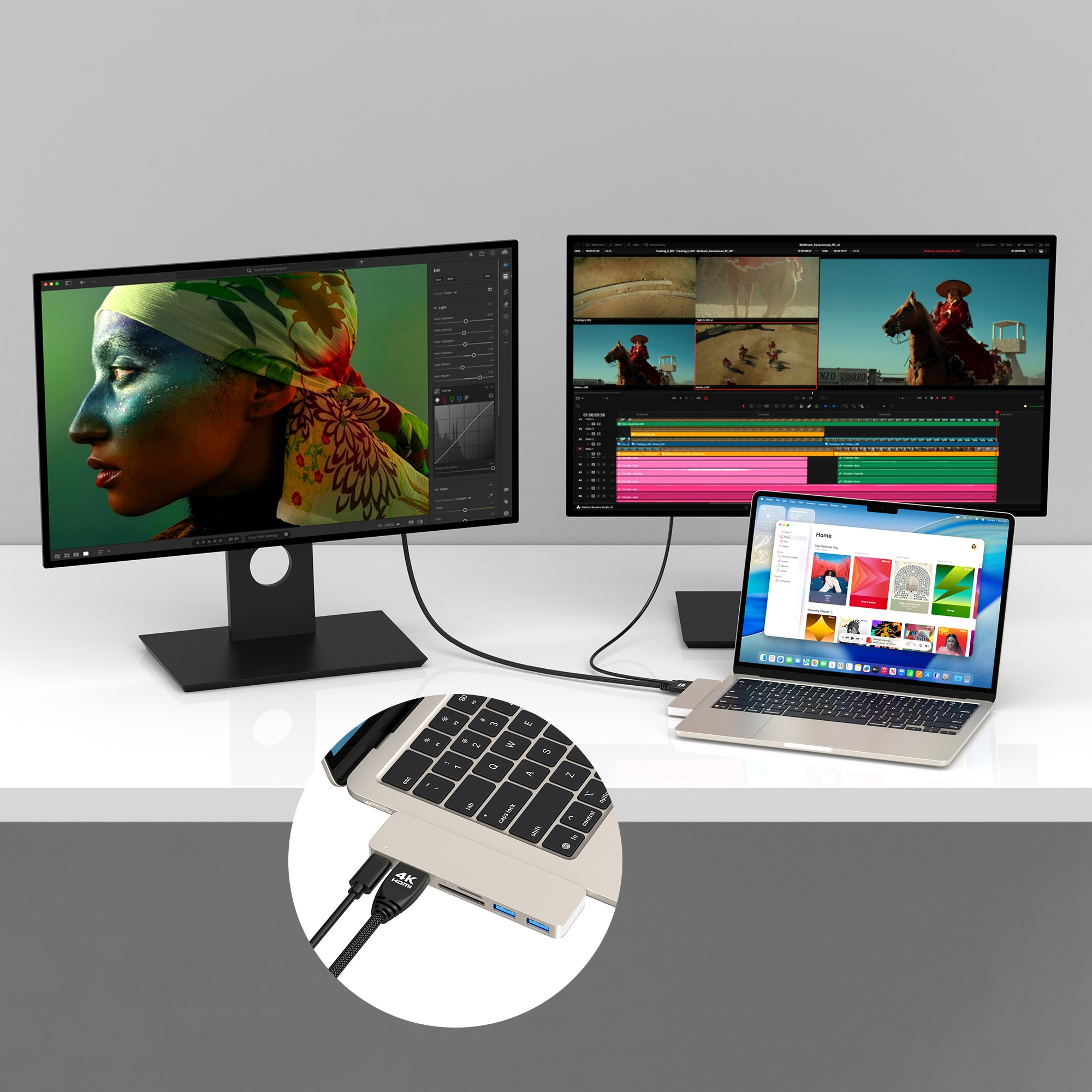 Two monitors and a laptop display editing software. Close-up on hub connected to laptop.