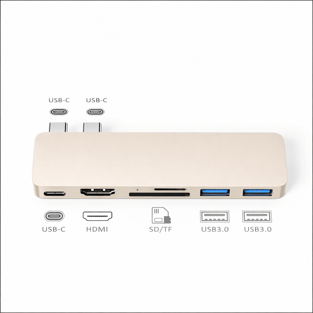Gold USB-C hub with HDMI, SD/TF, and two USB 3.0 ports.
