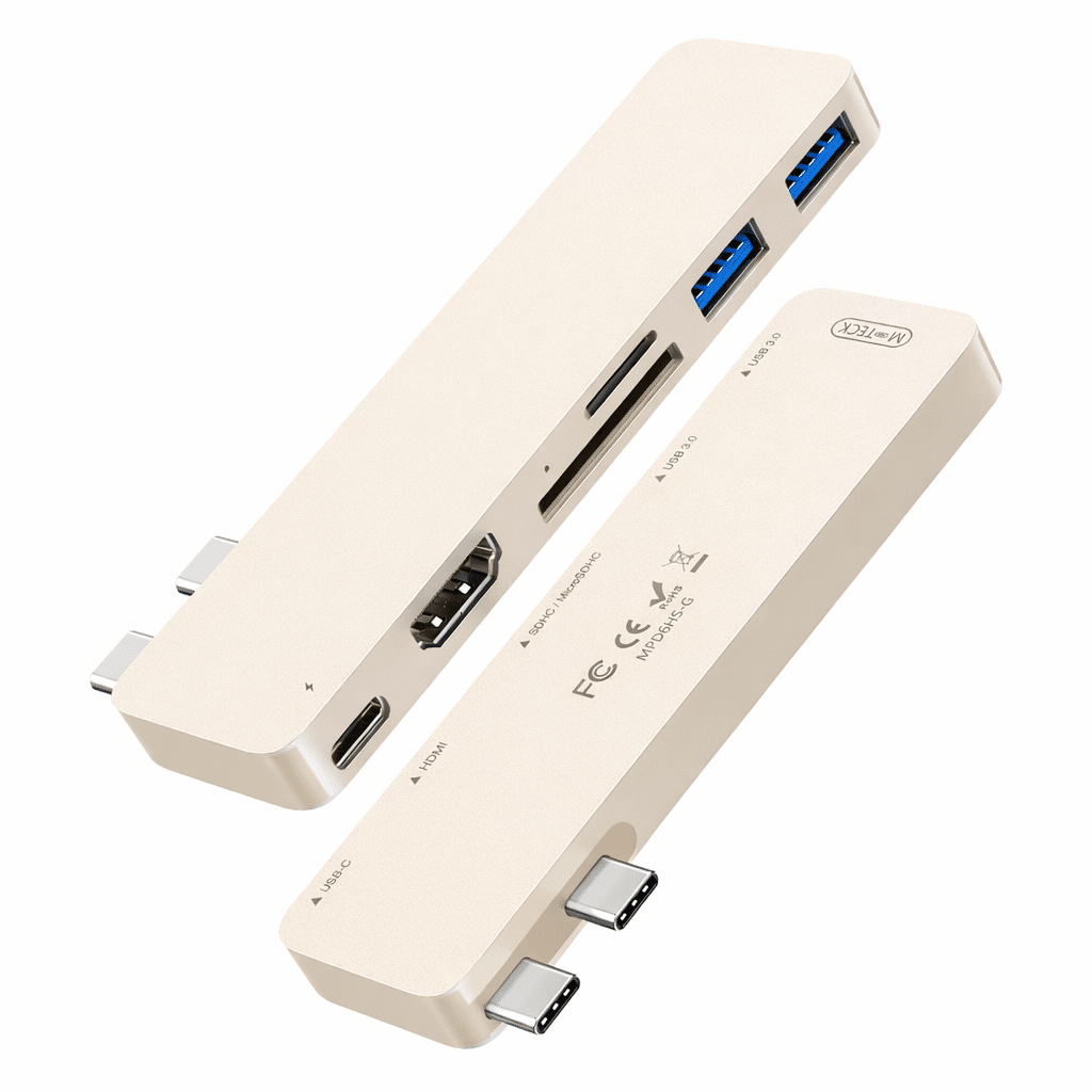 Two gold USB-C hubs with HDMI, SD/MicroSD, and USB 3.0 ports.