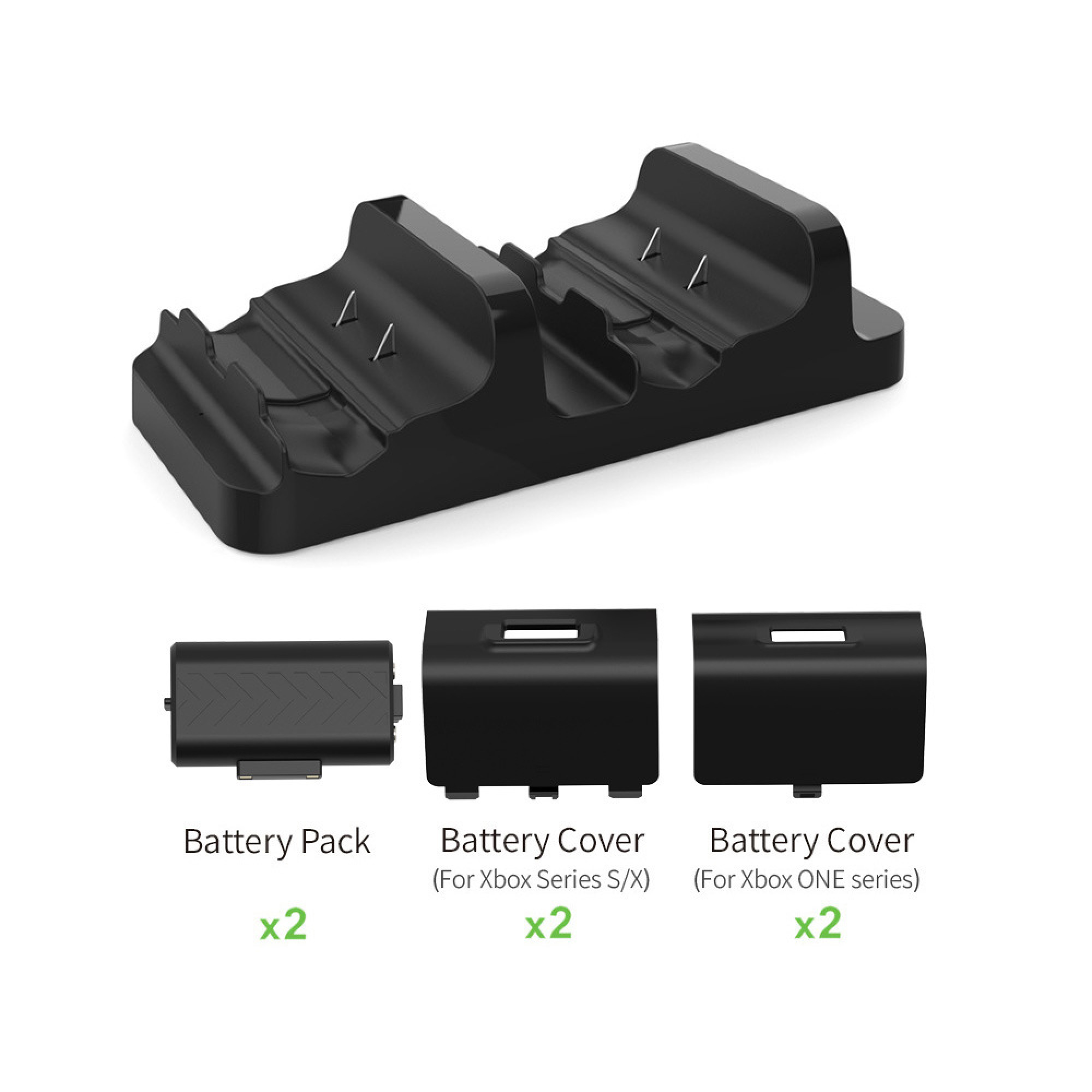 Schwarzer Ladeanschluss für Xbox-Controller mit Akku und zwei Arten von Batterieabdeckungen.