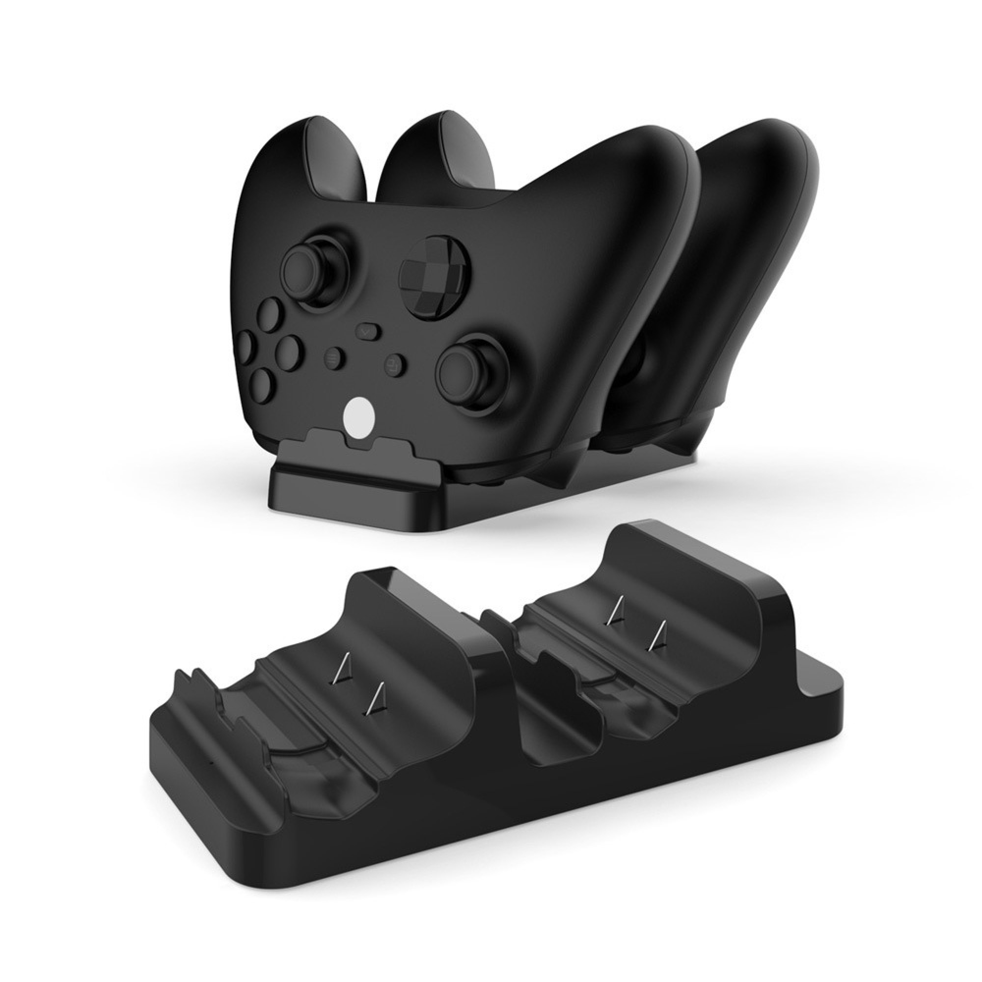 Schwarzes Lade-Dock mit zwei Gamecontrollern und separat.