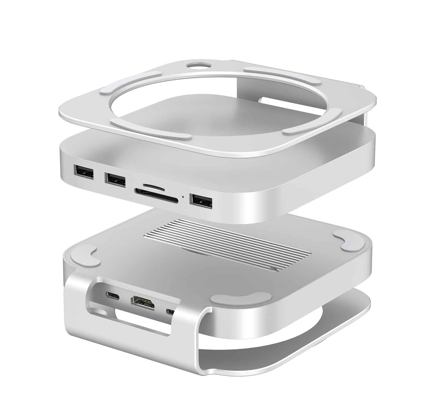 Silver computer stand with USB and SD card ports.