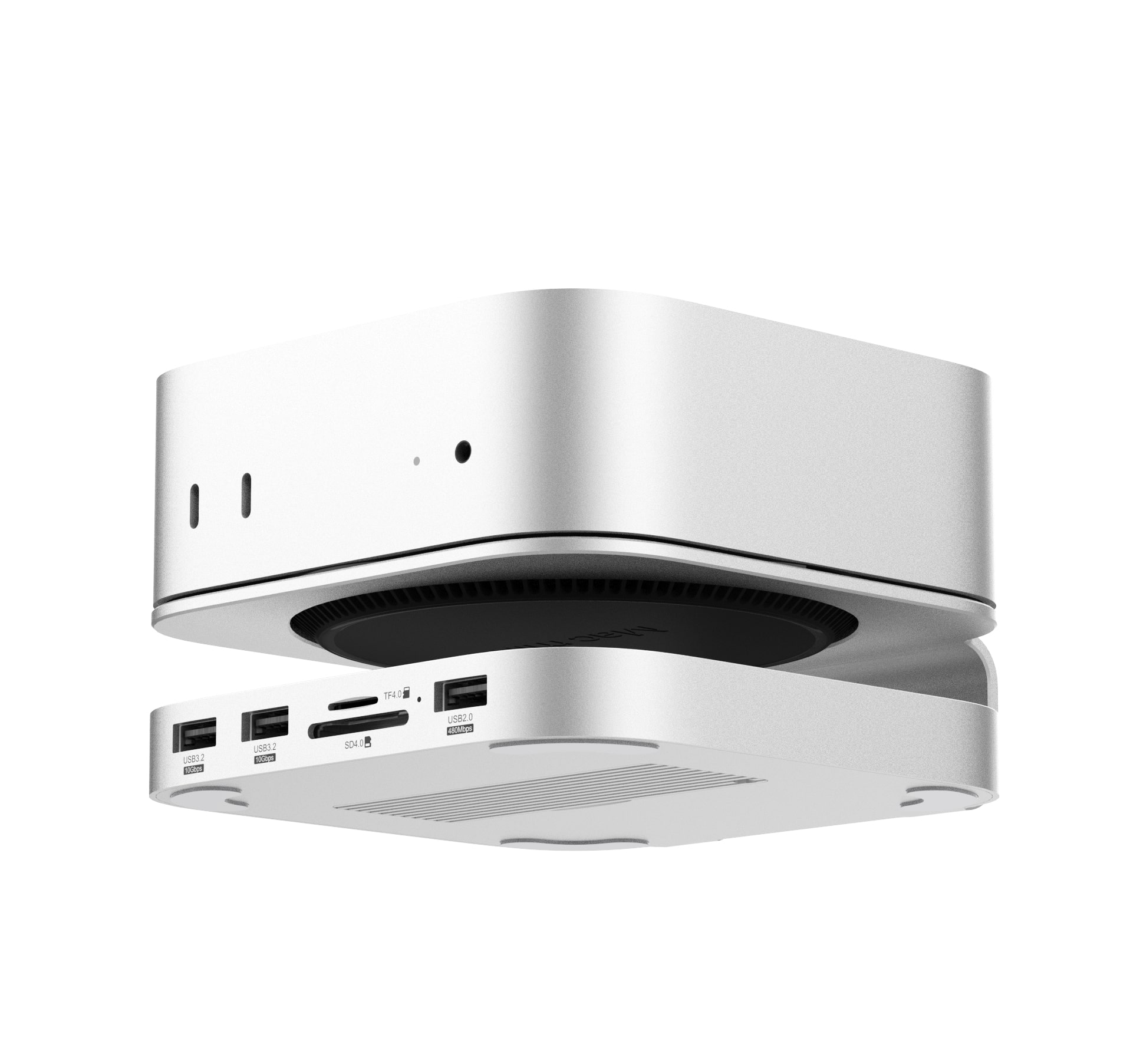 A silver computer housing with ports like USB and an SD card reader.