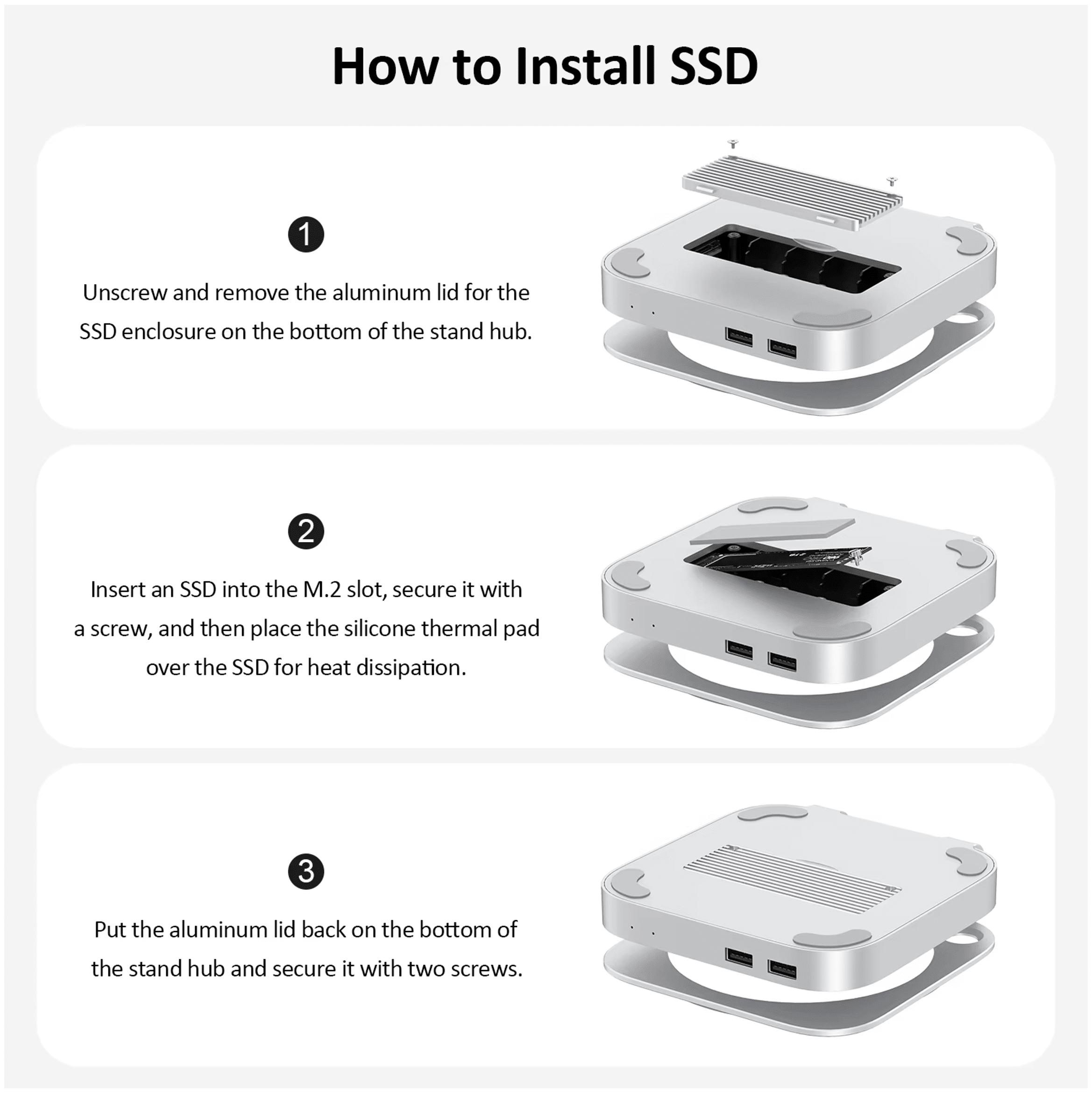 Step-by-step guide on installing an SSD in a silver enclosure with USB ports.