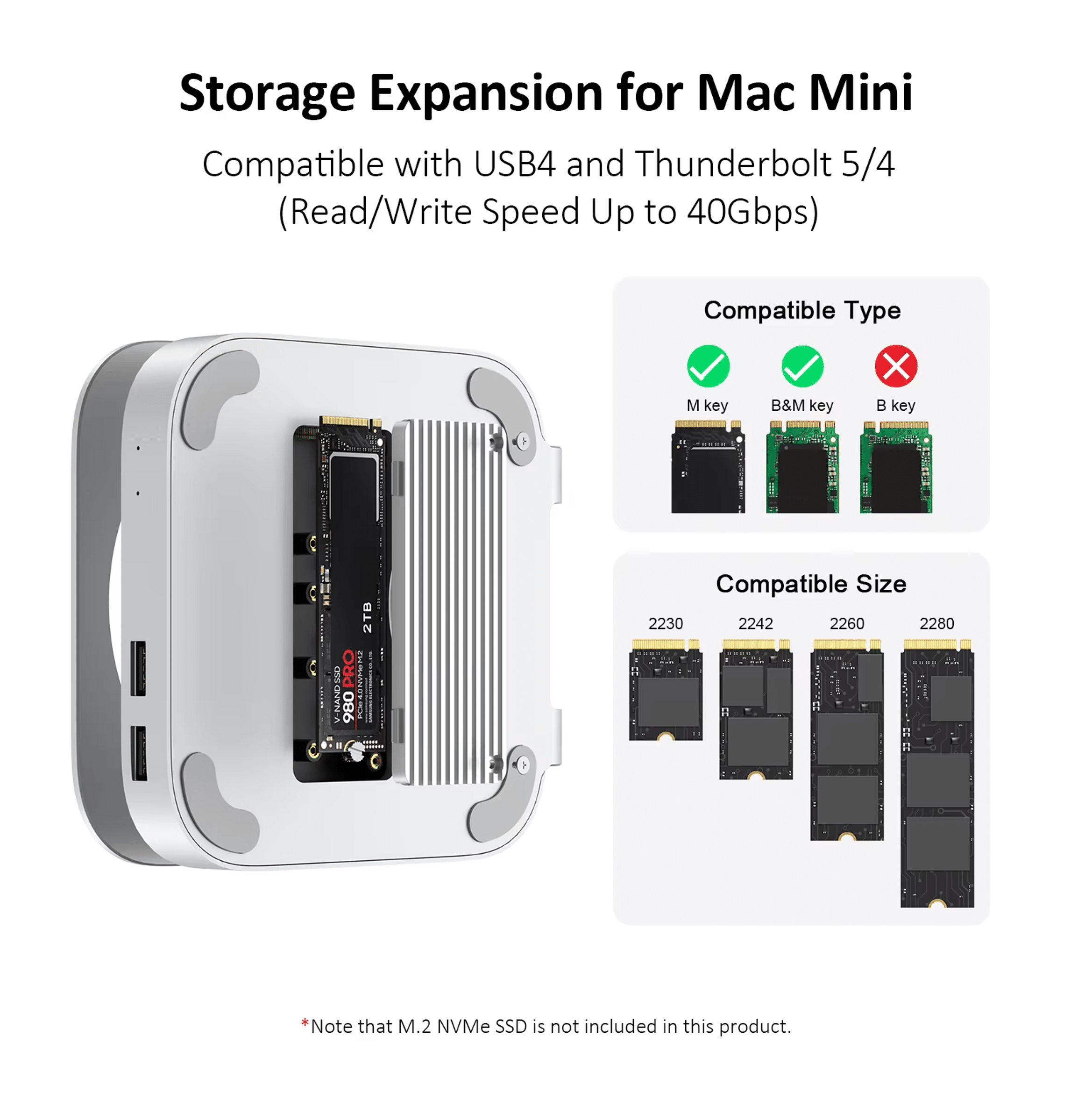 A silver enclosure with an M.2 SSD drive and compatibility information.