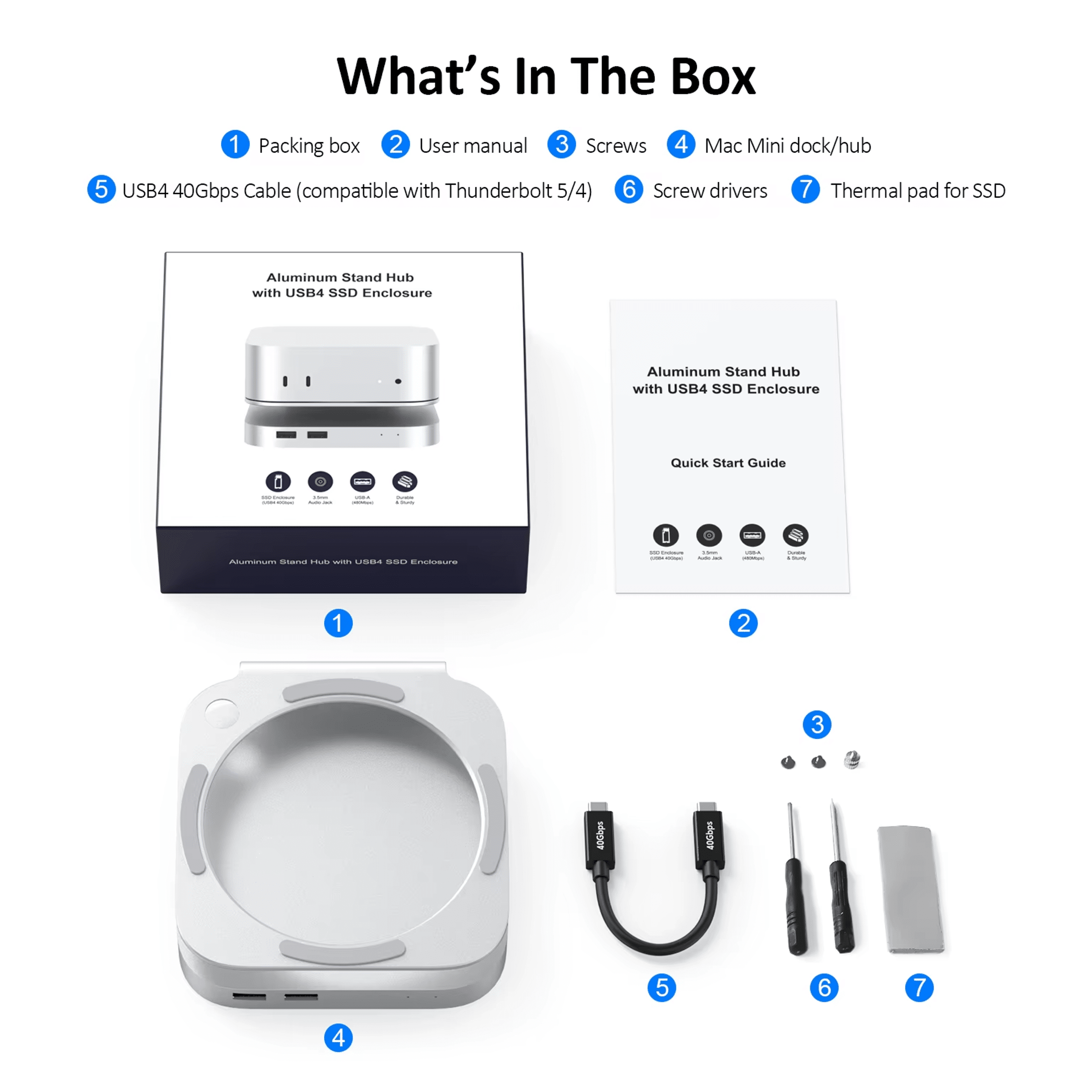 Box contents: Packing box, manual, screws, dock, cable, drivers, and SSD pad.