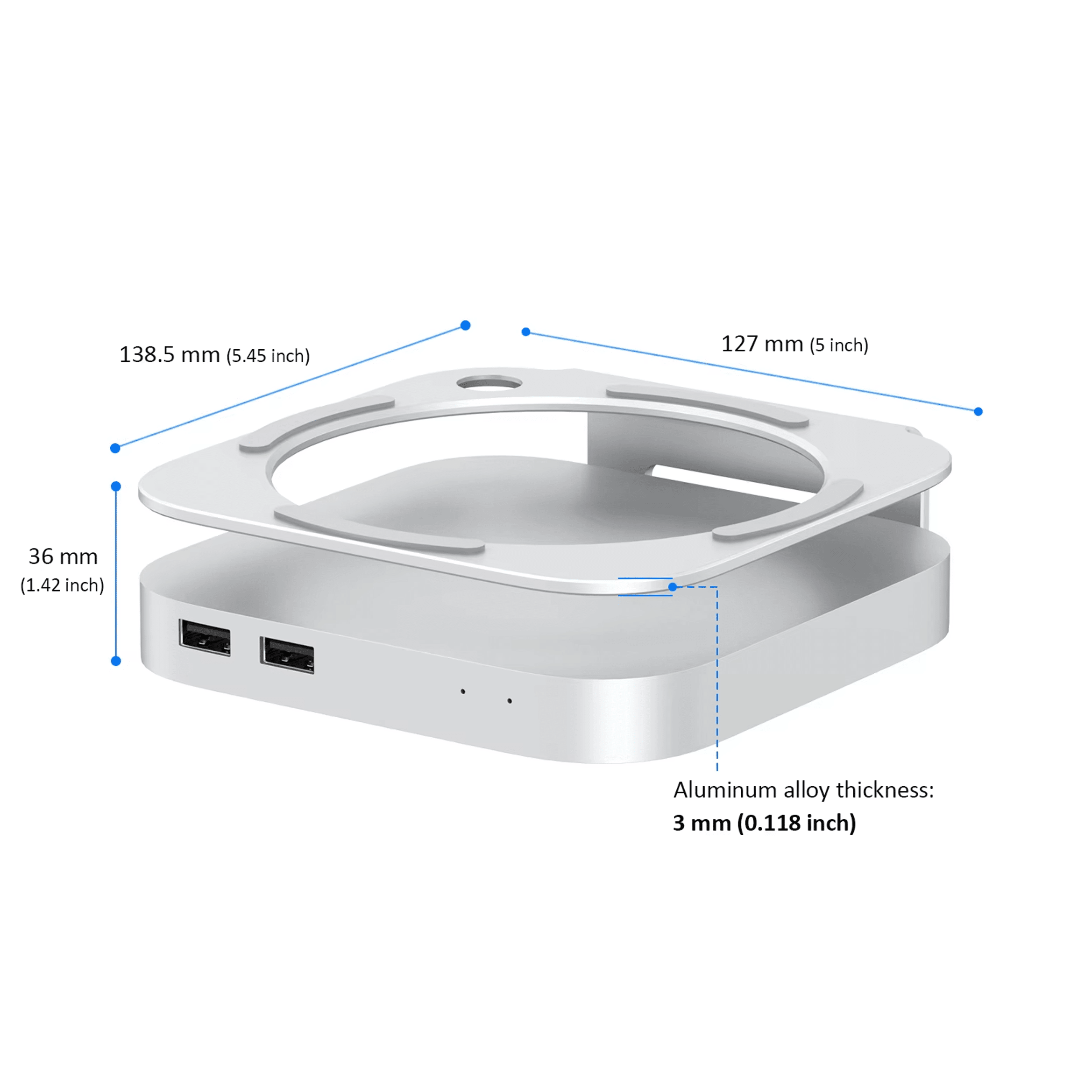 A silver stand for a small computer case with USB ports.