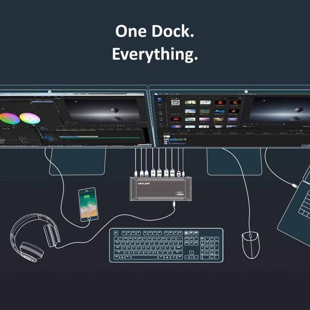 Een Wavlink docking station verbindt twee monitoren, laptop, telefoon, toetsenbord, muis en koptelefoon.