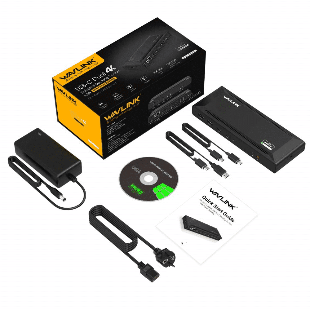 Wavlink docking station met voedingsadapter, kabels, cd en handleiding.
