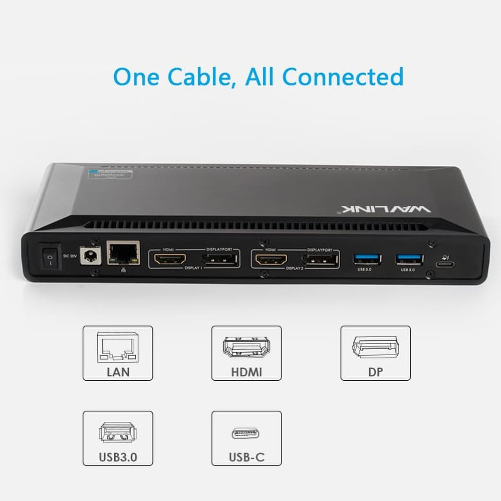 Zwart dockingstation met poorten: DC, LAN, 2x HDMI, 2x DP, 2x USB 3.0, USB-C.