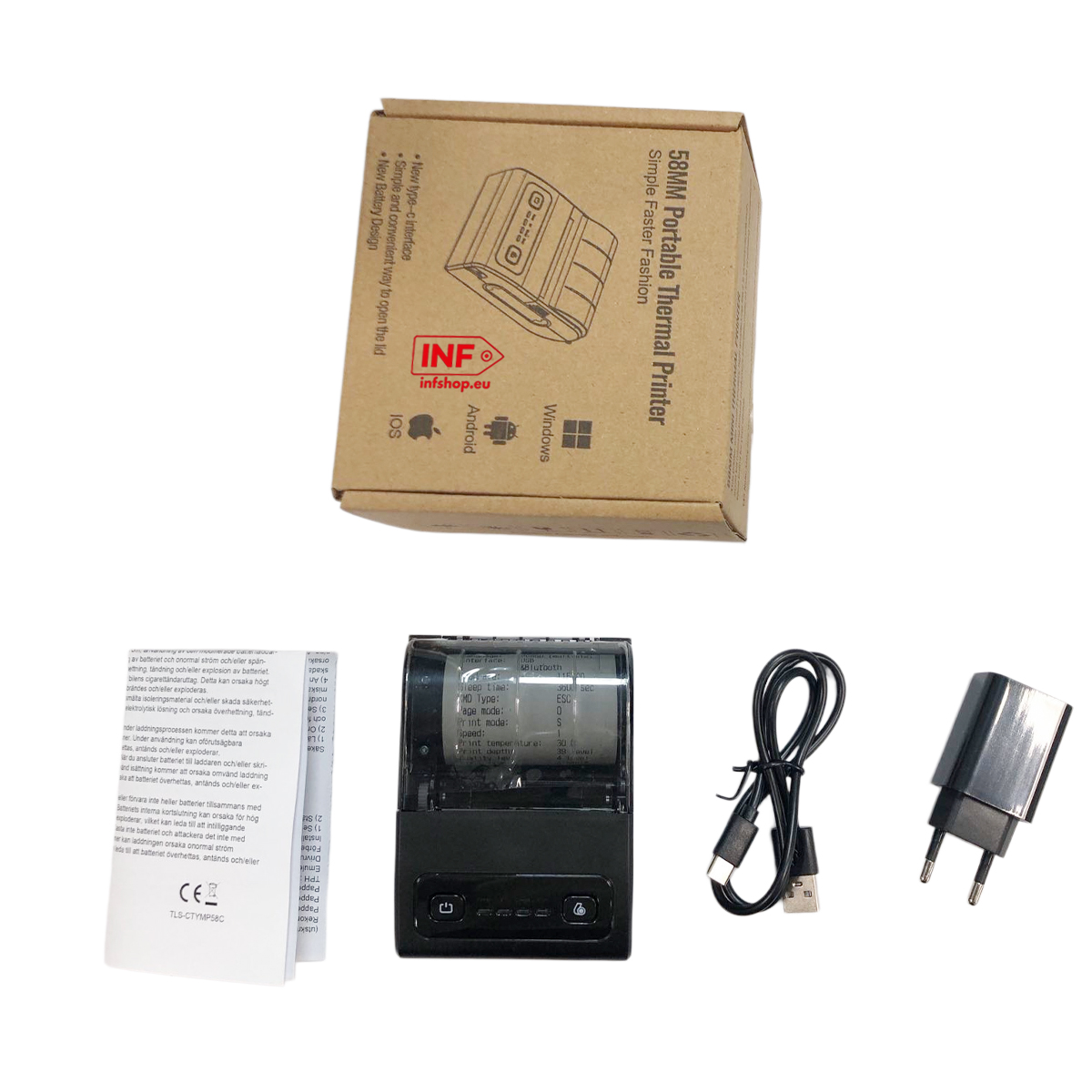Ein tragbarer Thermodrucker mit Zubehör: Drucker, Kabel, Netzteil und Anleitung.