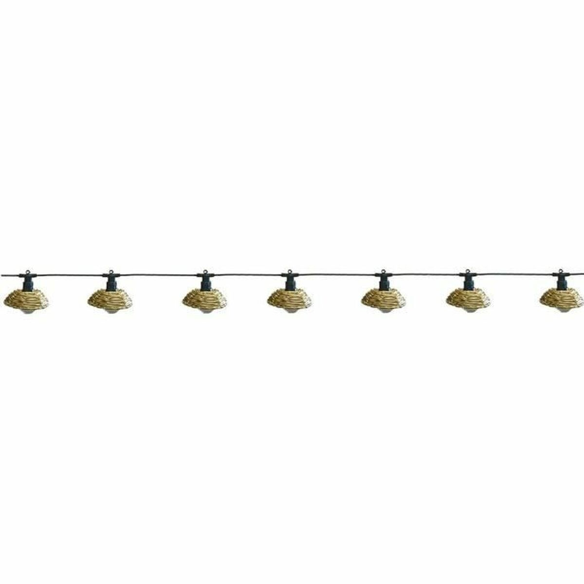 Eine Lichterkette mit sieben Lampen, die wie kleine Körbe aussehen.