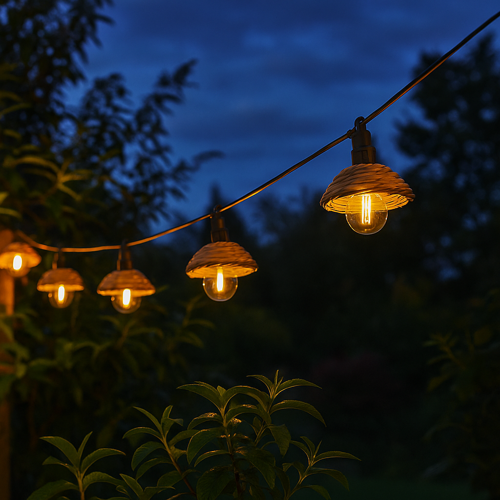 Lichterkette mit Weidenschirmen vor dunklem Nachthimmel und Bäumen.