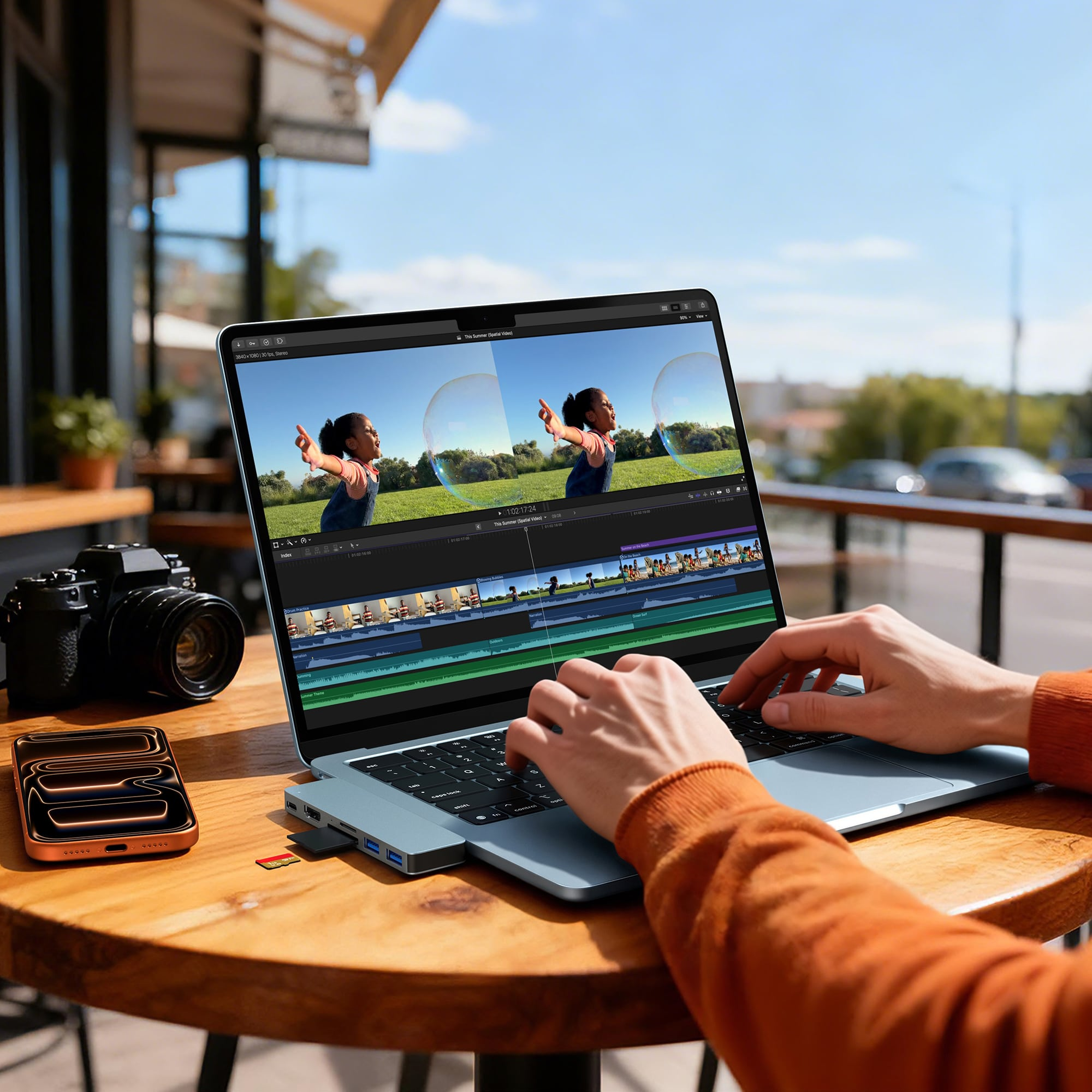 Person edits video on laptop outdoors. Camera, phone, hub & SD card nearby.