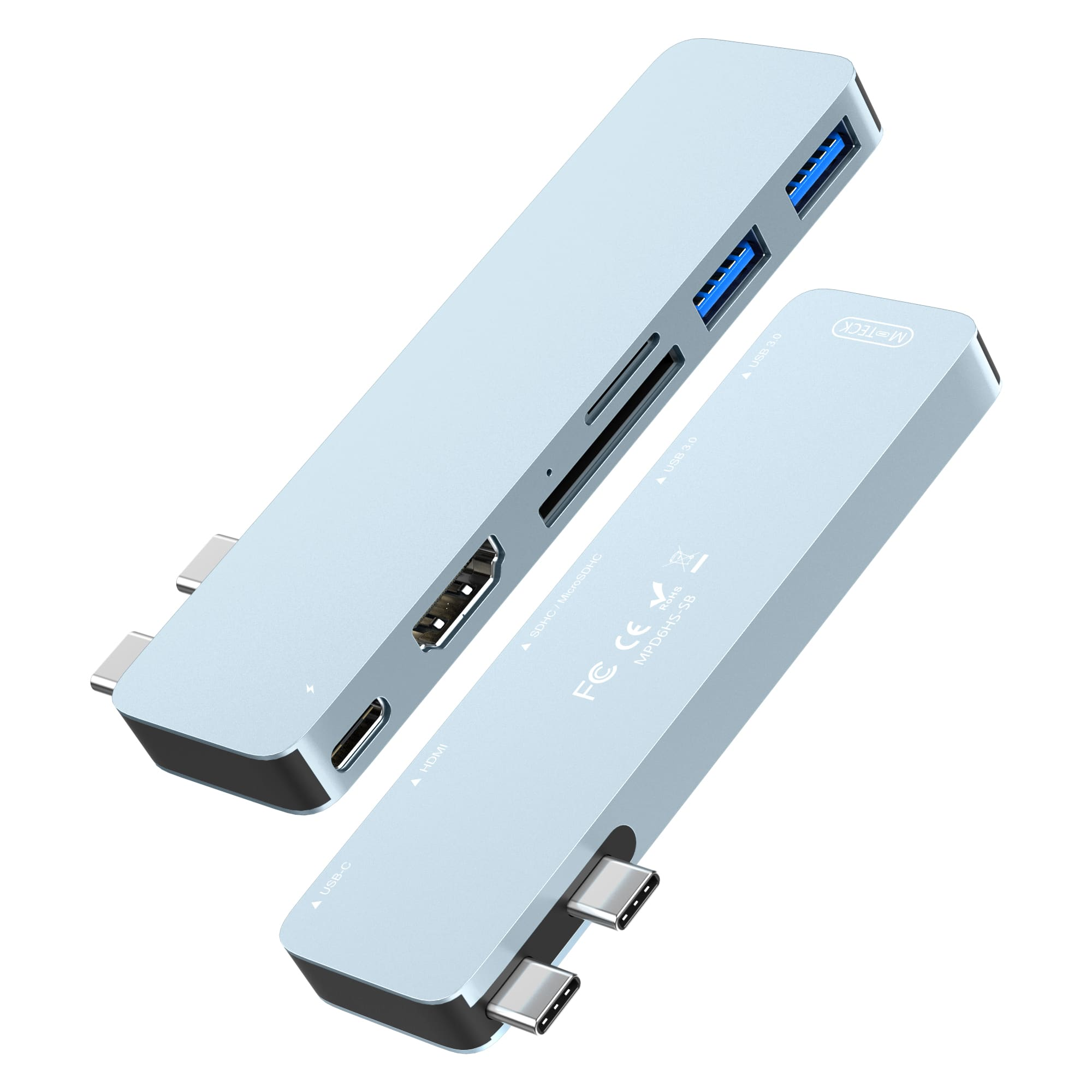 Two light blue USB-C hubs with multiple ports like USB 3.0, HDMI, SD.