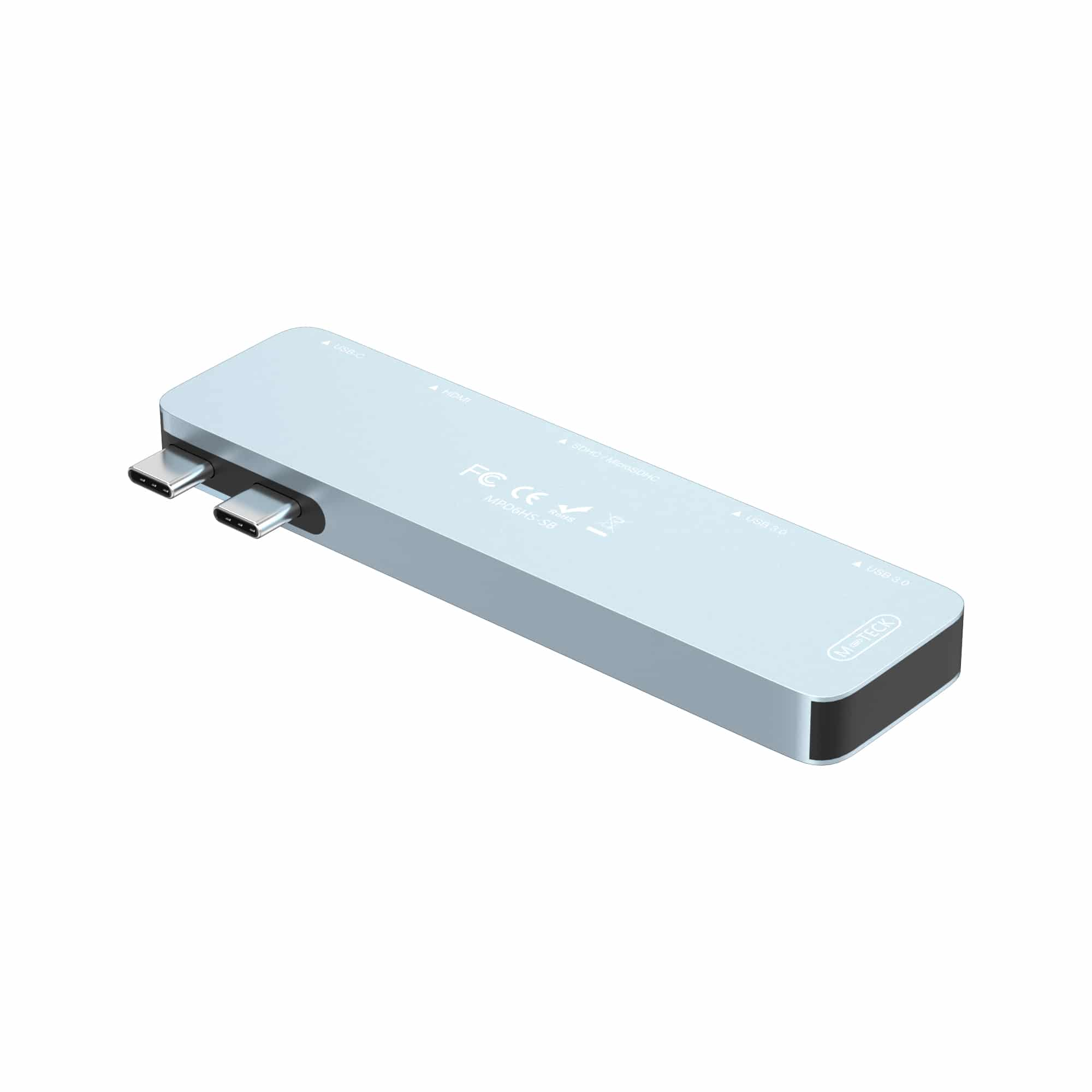 Silver USB-C hub with two ports and labels.