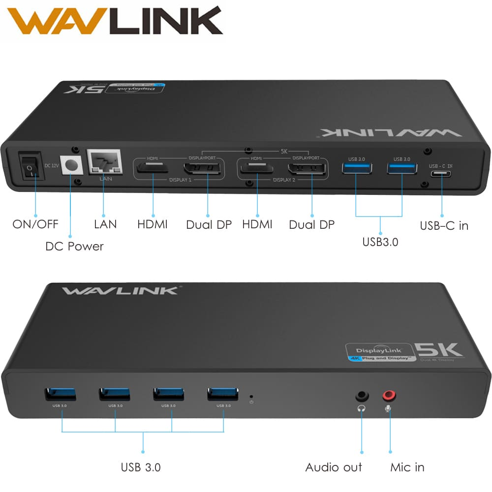 Wavlink docking station met poorten: aan/uit, DC-voeding, LAN, 2x HDMI, 2x DP, 3x USB 3.0, USB-C.