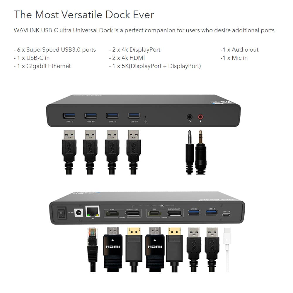 Een zwart dock met poorten en kabels: USB, HDMI, DisplayPort, Audio.