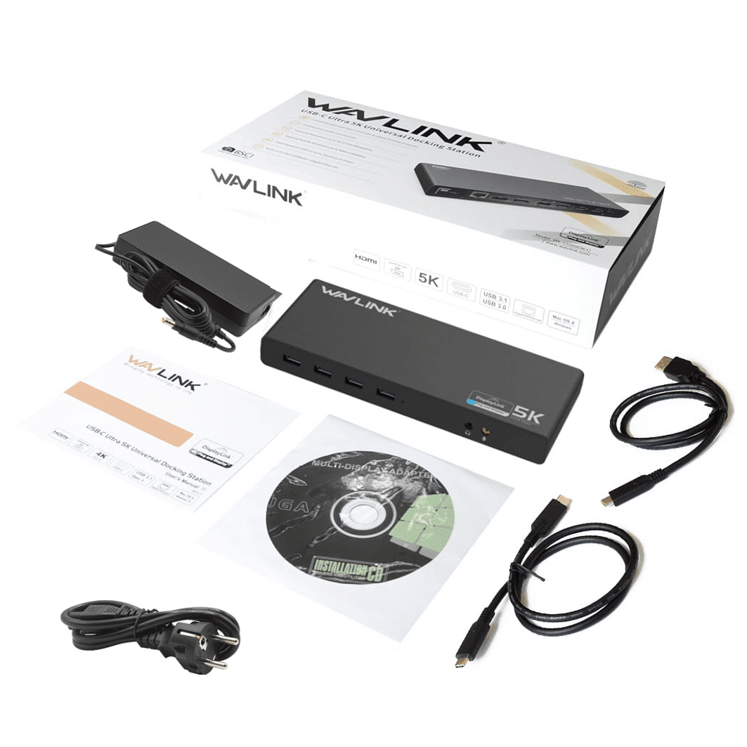 Wavlink docking station met accessoires: stroomadapter, kabels, cd en handleiding.