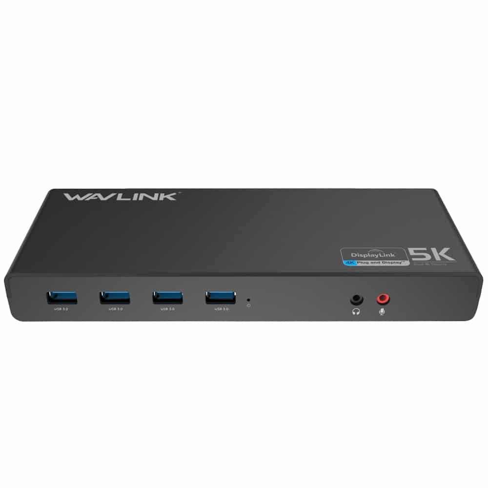 Zwarte Wavlink 5K dock met 4 USB 3.0 poorten, hoofdtelefoon- en microfoonaansluitingen.