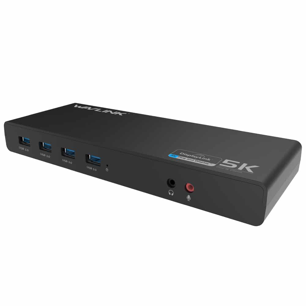 Zwarte Wavlink 5K docking station met USB 3.0 poorten en audioaansluitingen.