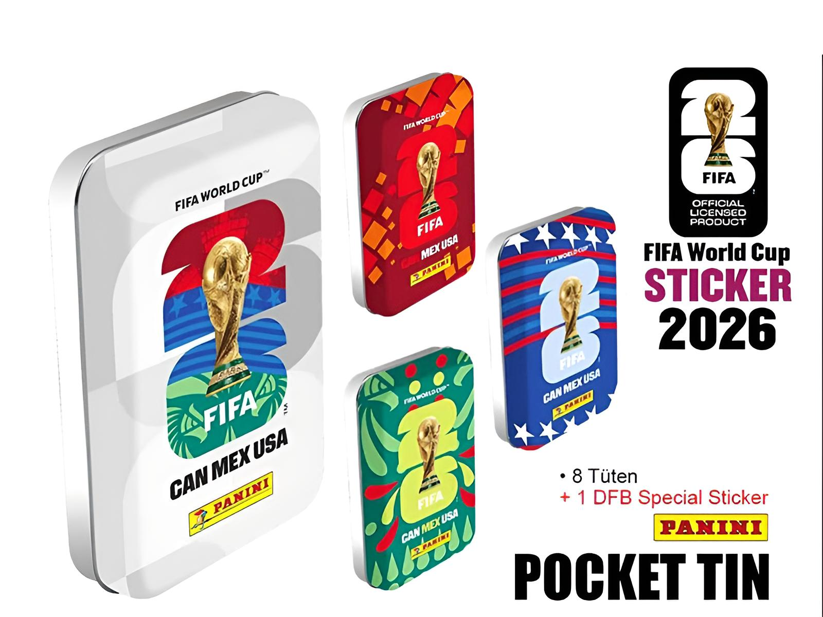FIFA WM 2026 Sticker-Aufbewahrungsdosen mit Pokalmotiv.