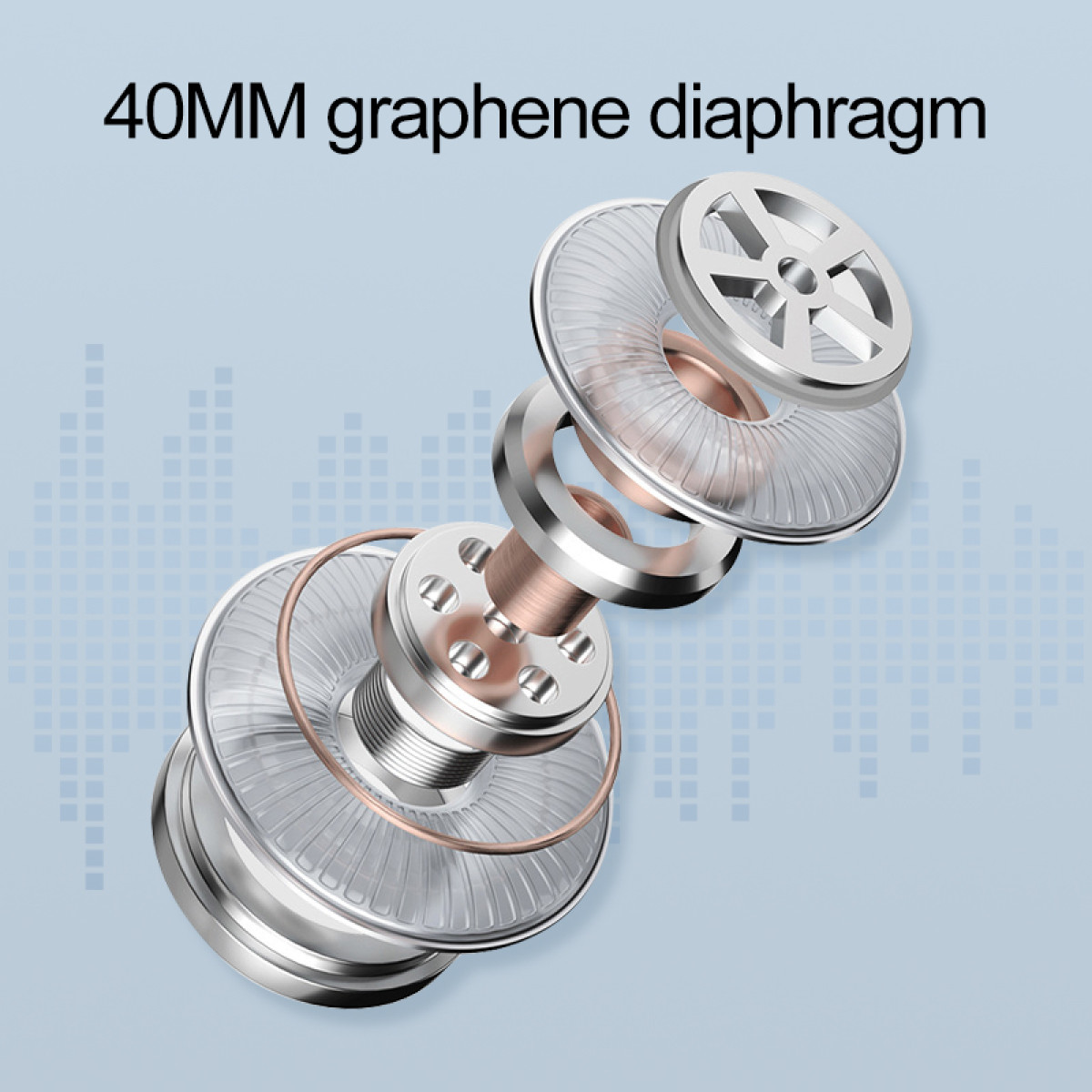 Explodierte Ansicht eines 40-mm-Graphen-Treibers mit silbernen und kupfernen Komponenten.