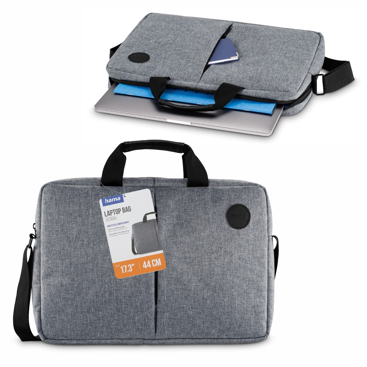 Graue Laptoptasche mit Griffen und Schultergurt. Laptop und Dokumente sichtbar.